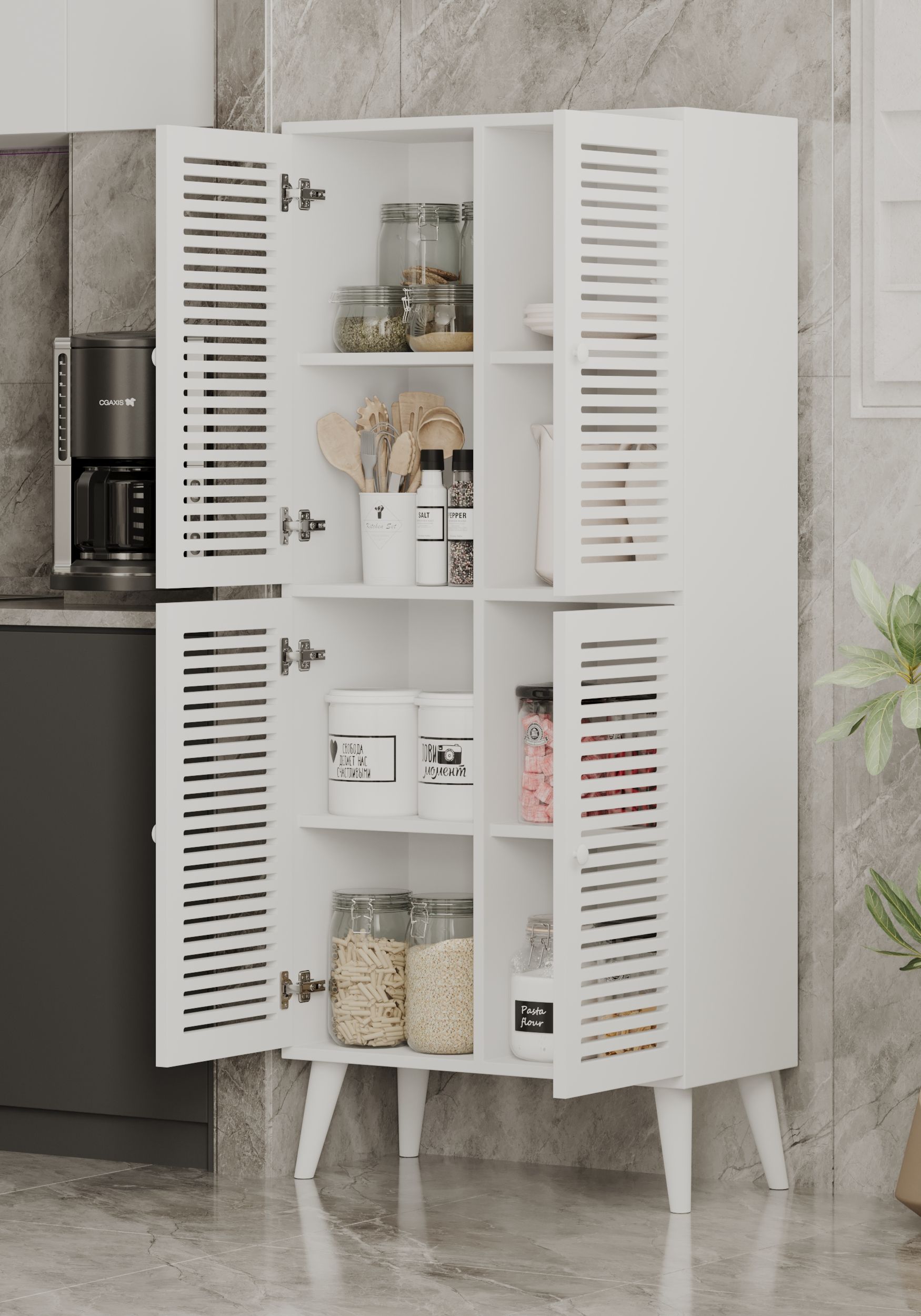 DENEB MDF BEYAZ 4 KAPAKLI(PANJUR KAPAK) AHŞAP AYAKLI KİLER DOLABI