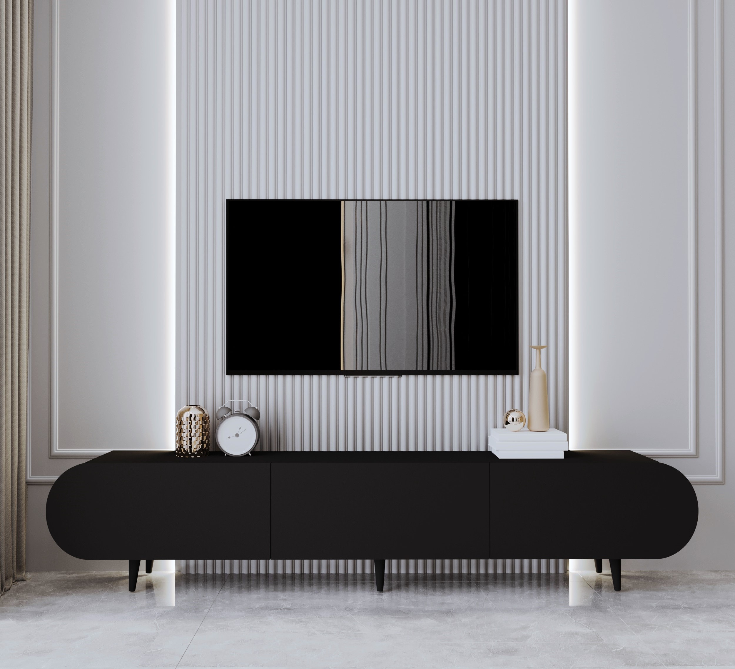 REGULUS MDF 3 KAPAKLI AHŞAP AYAKLI 180 Cm COUNTRY TV ÜNİTESİ - SİYAH