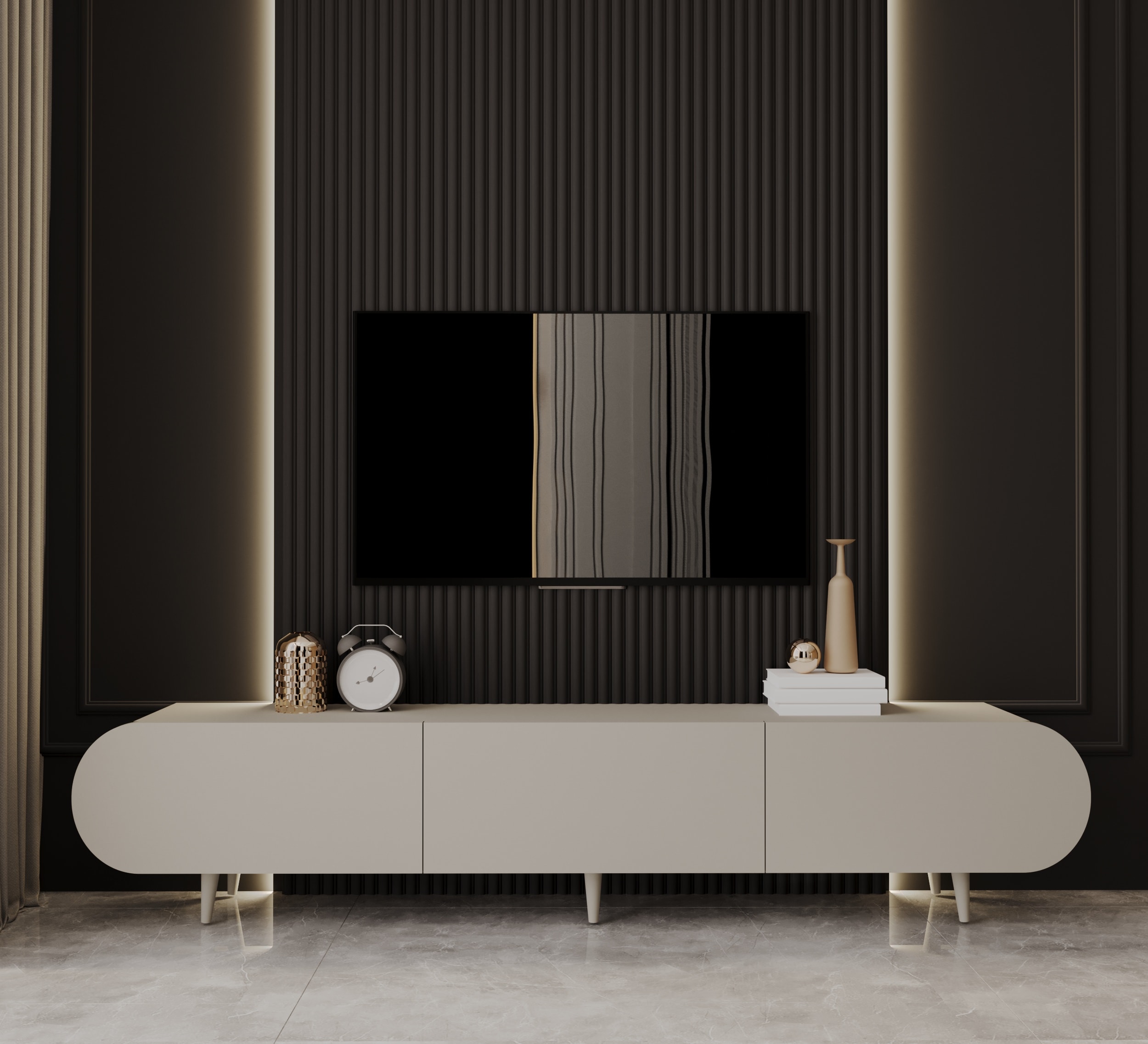 REGULUS MDF 3 KAPAKLI AHŞAP AYAKLI 180 Cm COUNTRY TV ÜNİTESİ - KUM TAŞI