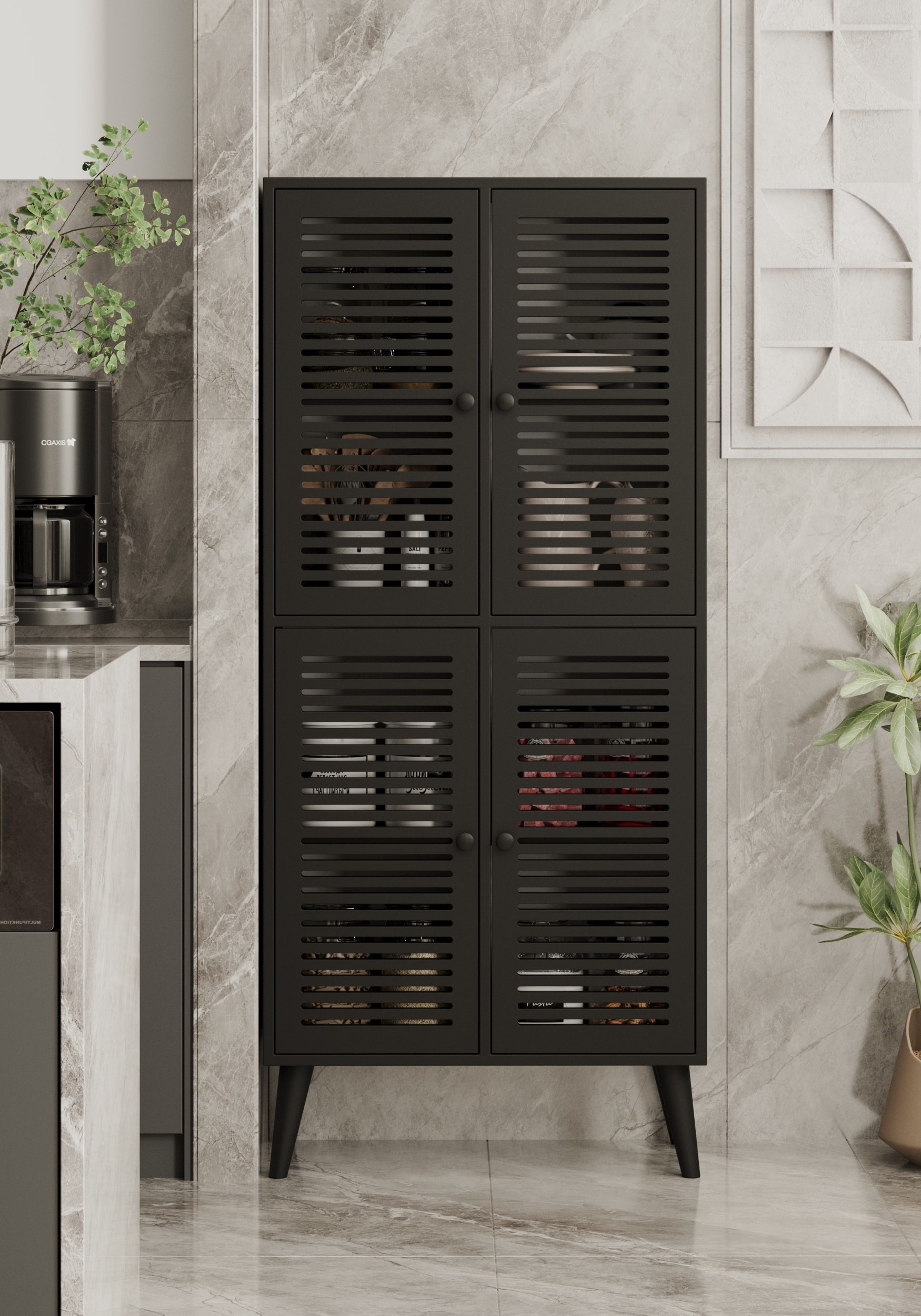 Deneb Mdf  4 Kapaklı (panjur Kapak) Ahşap Ayaklı Kiler Dolabı - SİYAH