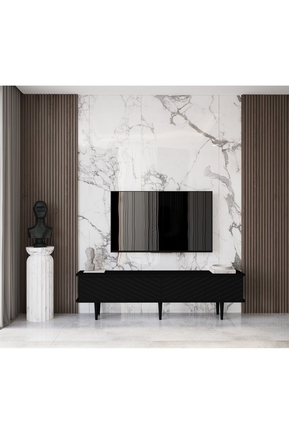 Pollux Country Mdf Siyah 2 Kapaklı Ahşap Ayaklı 160 Cm Tv Ünitesi