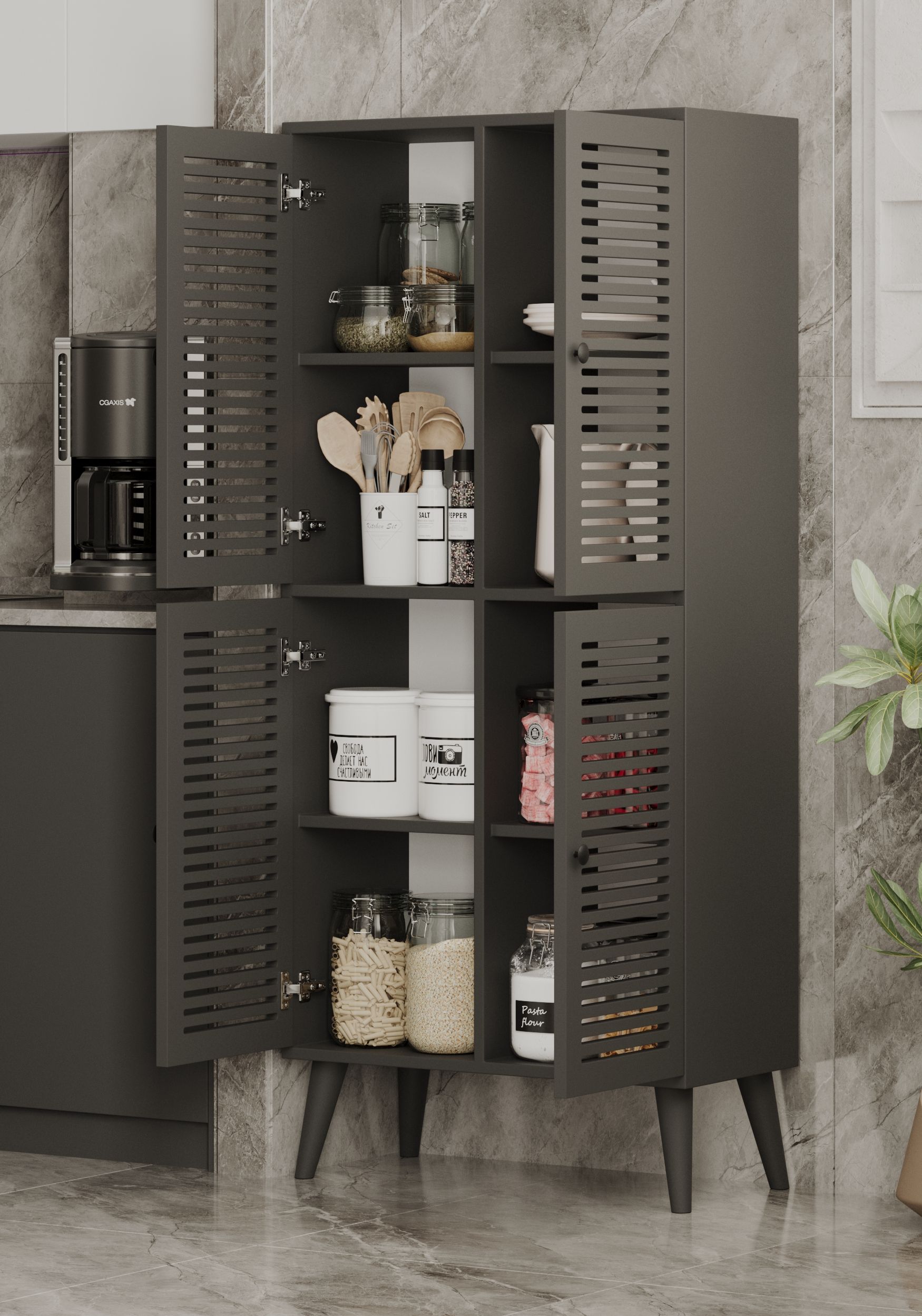 Deneb Mdf Gri 4 Kapaklı (panjur Kapak) Ahşap Ayaklı Kiler Dolabı