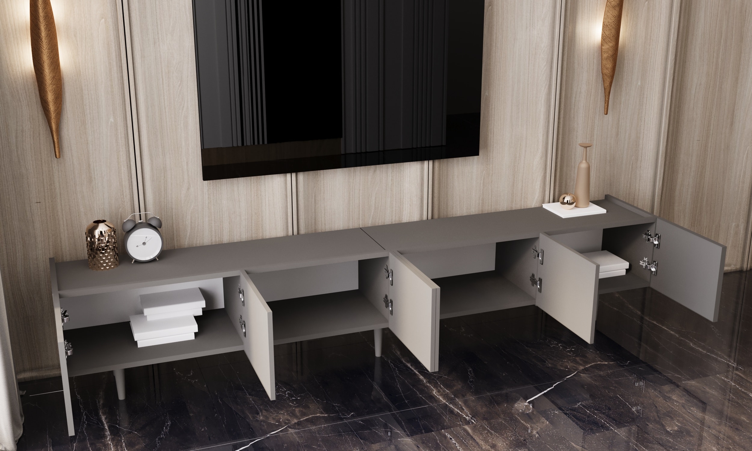 CAPELLA 240 Cm Tv Ünitesi Mdf 6 Kapaklı Ahşap Ayaklı (120 CM X 2 ADET) 