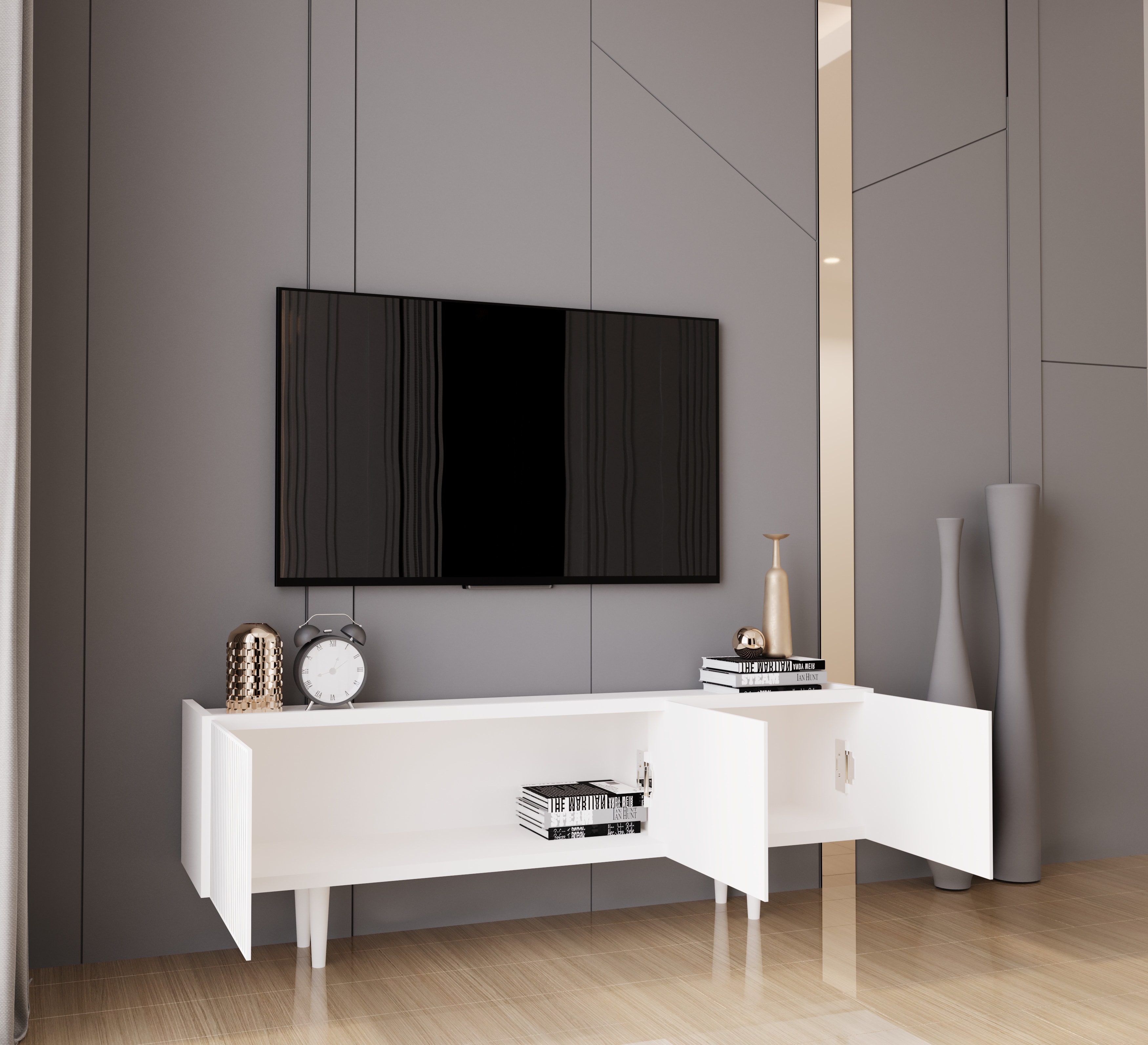 Capella 140 Cm Tv Ünitesi Mdf 3 Kapaklı Ahşap Ayaklı 