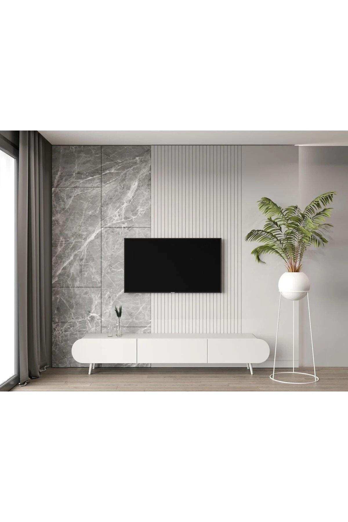REGULUS MDF 3 KAPAKLI AHŞAP AYAKLI 200 Cm COUNTRY TV ÜNİTESİ - BEYAZ