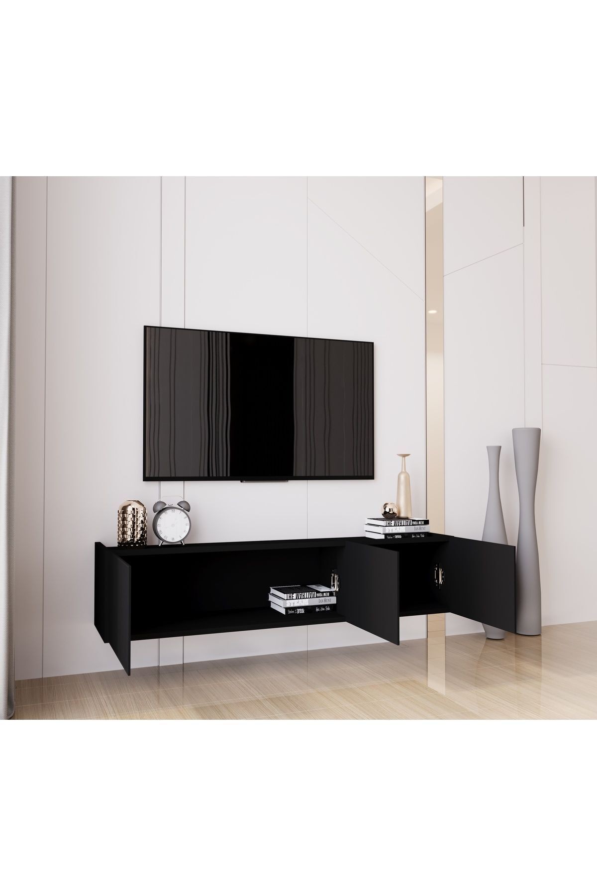 Capella Siyah Country Mdf 3 Kapaklı Duvara Monte 140 Cm Tv Ünitesi