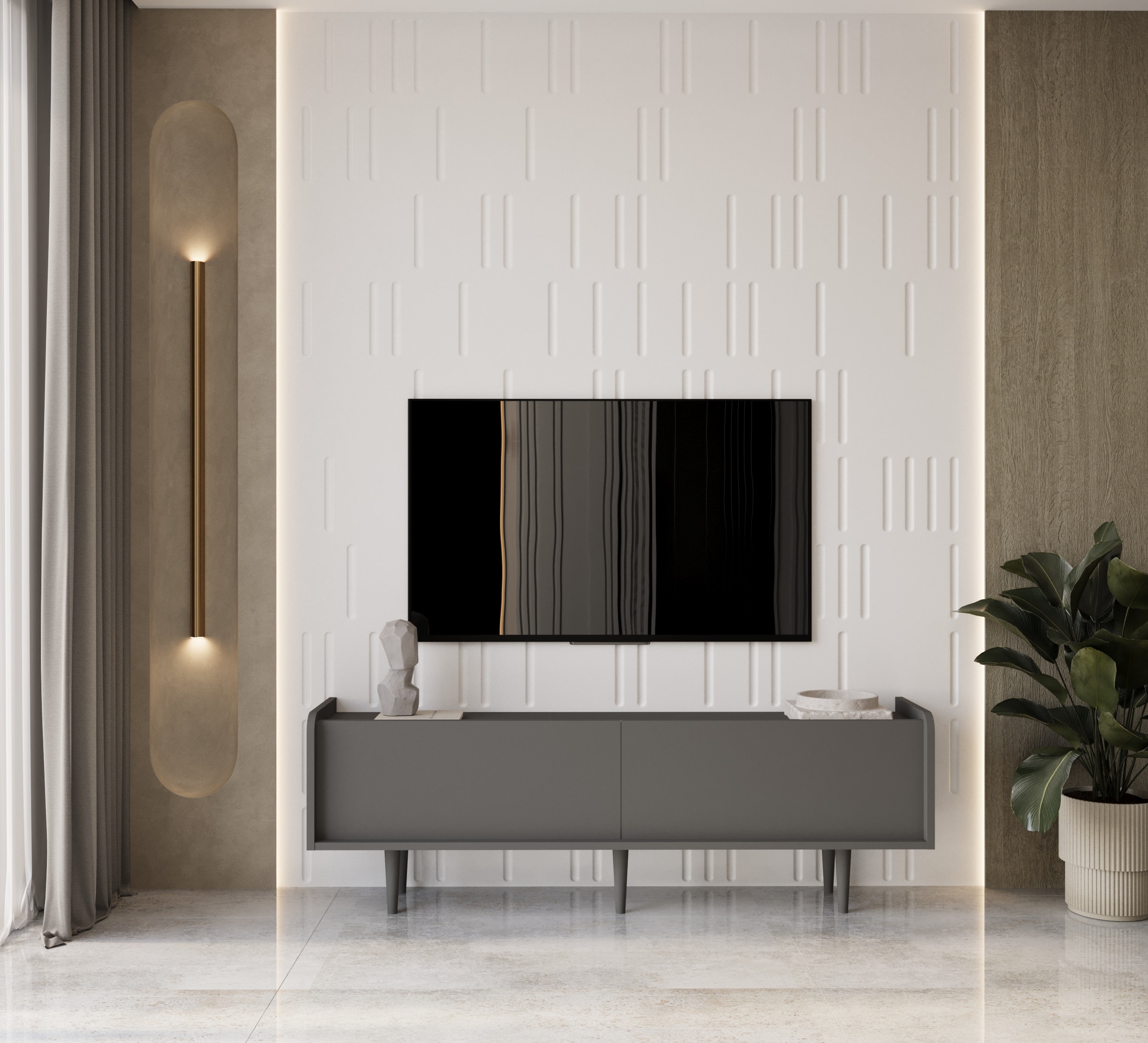 RİGEL MDF 2 KAPAKLI (DÜŞME KAPAK) AHŞAP AYAKLI 160 CM COUNTRY TV ÜNİTESİ - GRİ