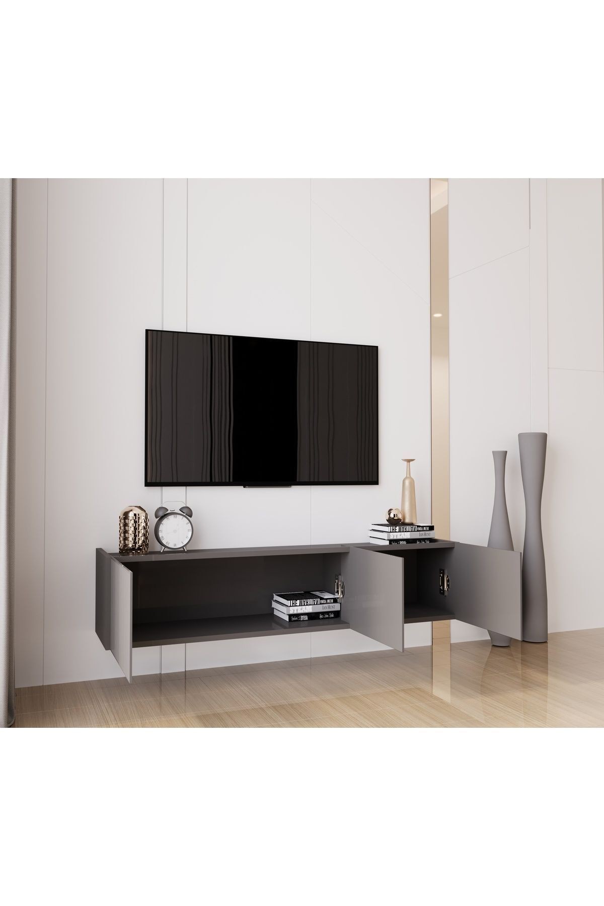 Capella Gri Mdf Country 3 Kapaklı DUVARA MONTE 140 Cm Tv Ünitesi