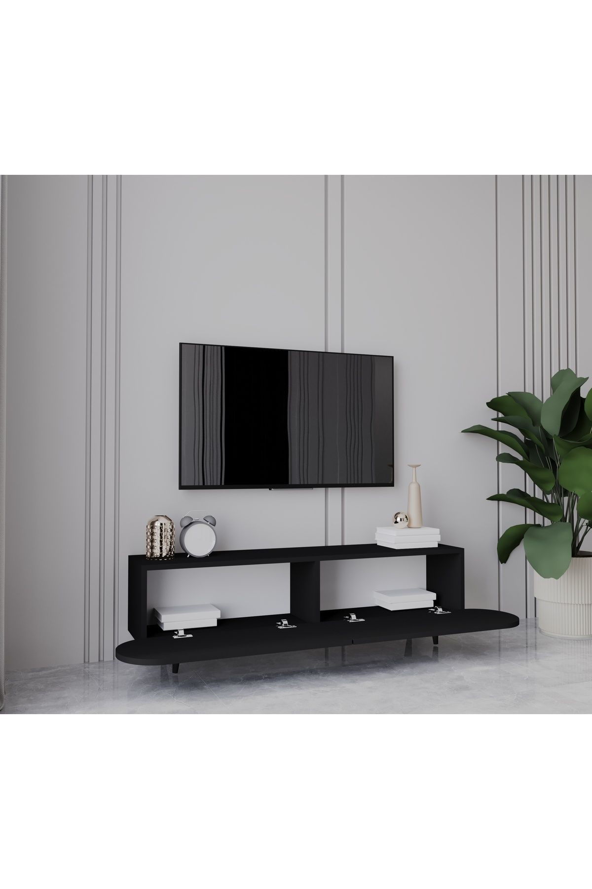 Regulus Siyah Mdf 2 Kapaklı Ahşap Ayaklı 140 Cm Modern Tv Ünitesi