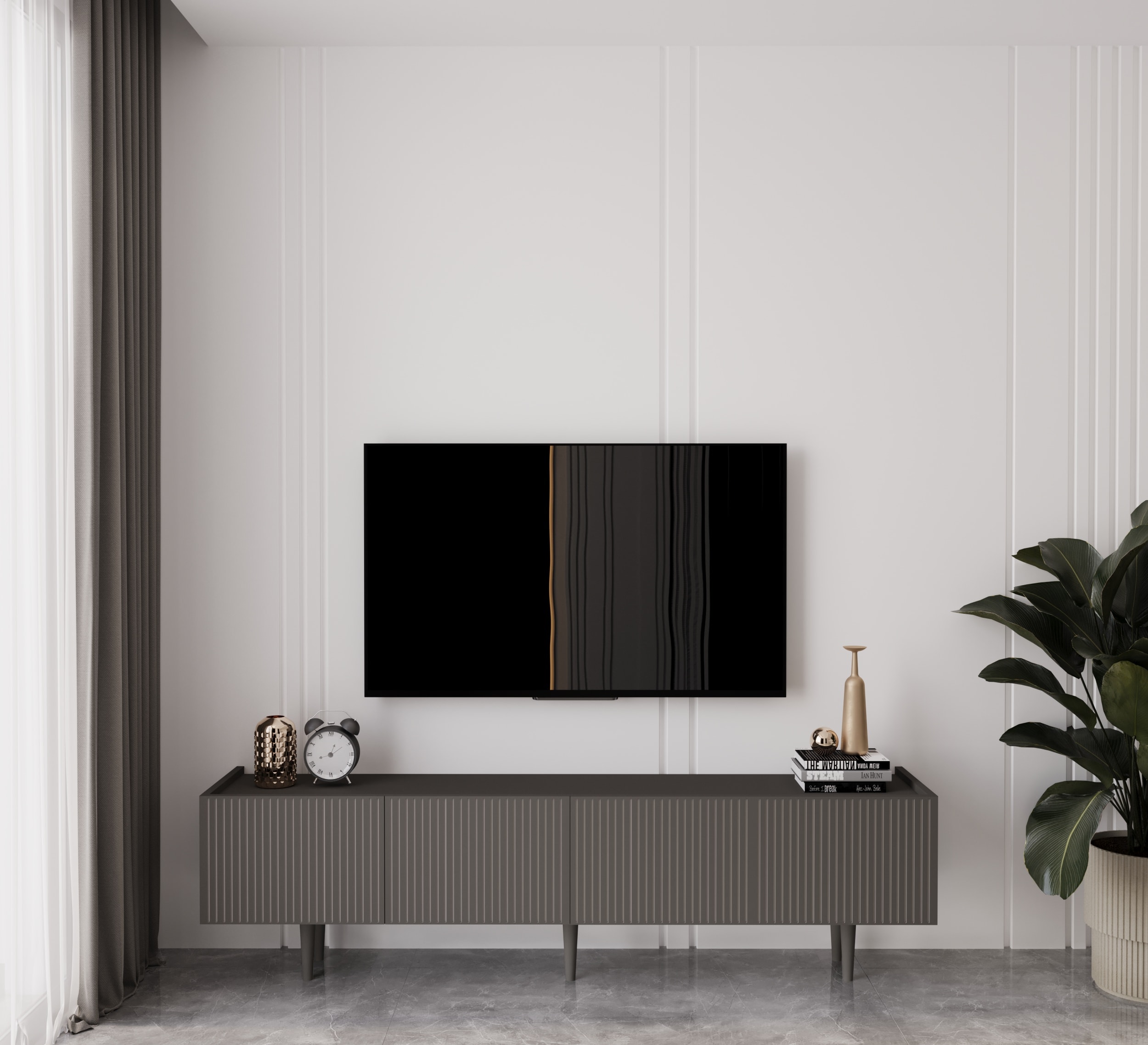 Capella 160 Cm Tv Ünitesi Mdf 4 Kapaklı Ahşap Ayaklı  - GRİ