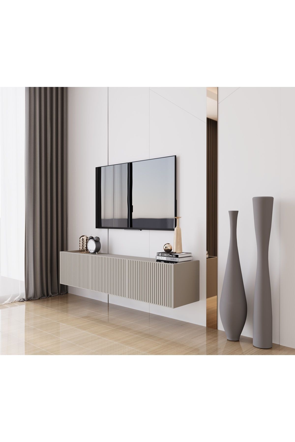 Capella Kumtaşı Rengi Mdf 3 Kapaklı Duvara Monte 140 Cm Tv Ünitesi