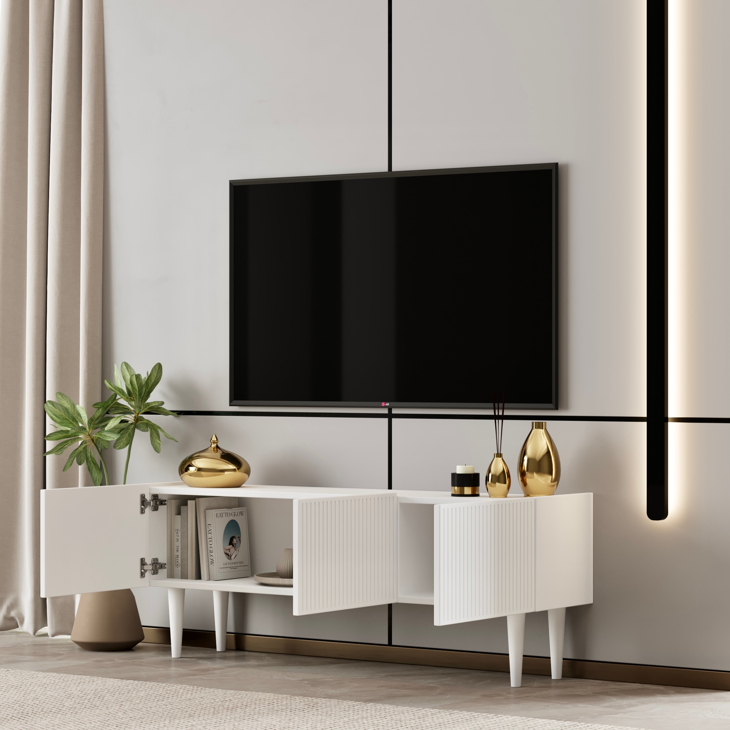 Capella Tv Ünitesi MDF 120 cm ayaklı kapaklı raflı