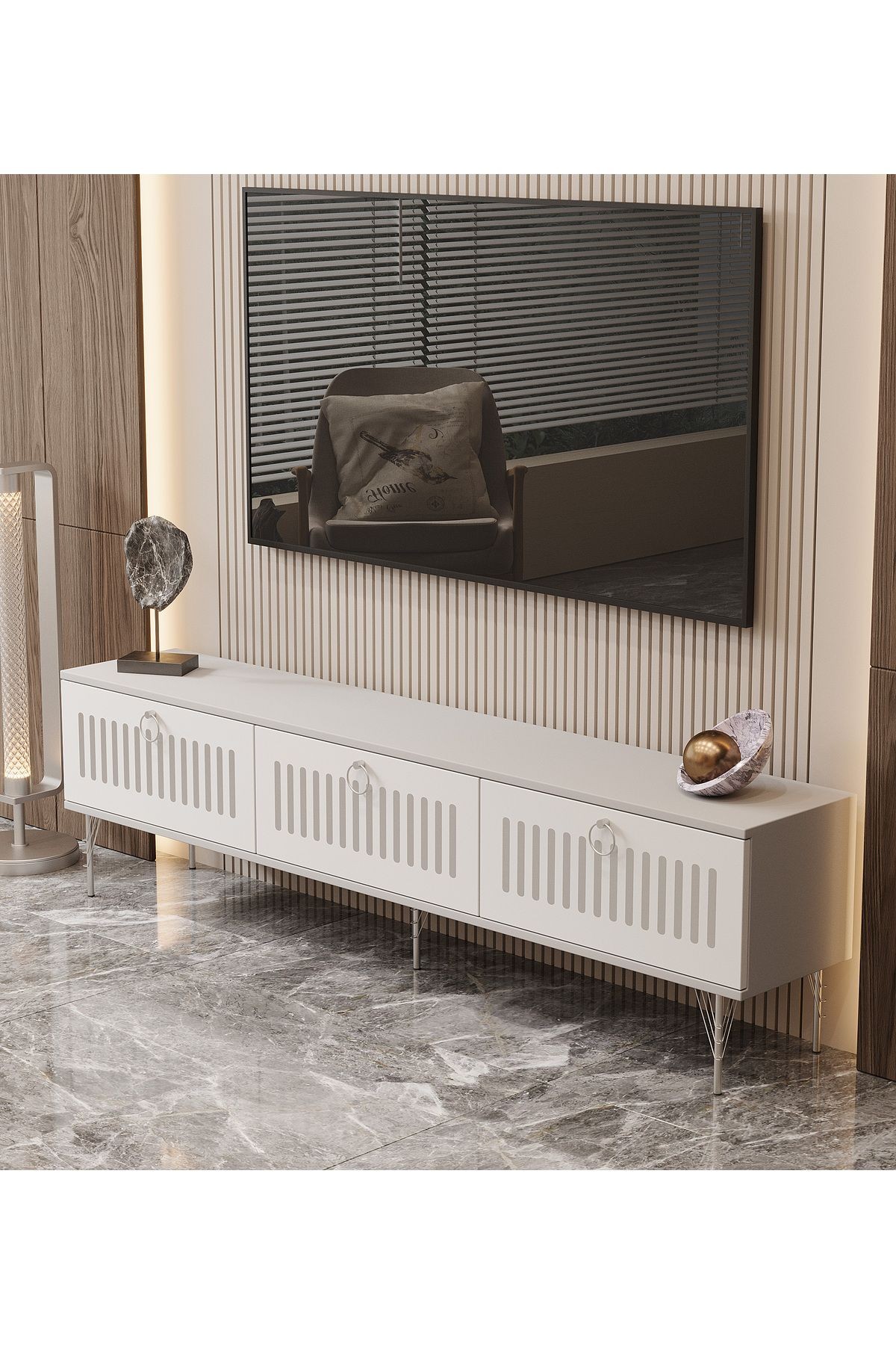 Andromeda SİLVER SERİSİ 200 cm 3 kapaklı MDF TV ÜNİTESİ 200 x 50 x 32 cm