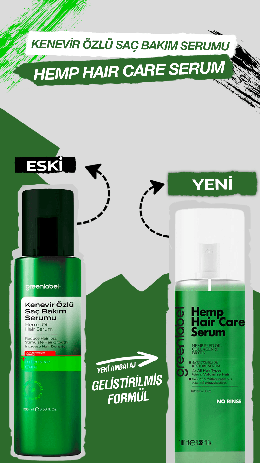 GREENLABEL Kenevir Tohumu Yağı, Hidrolize Keratin ve Kolajen ile Formüle Edilen Durulamasız Serum 100 ml