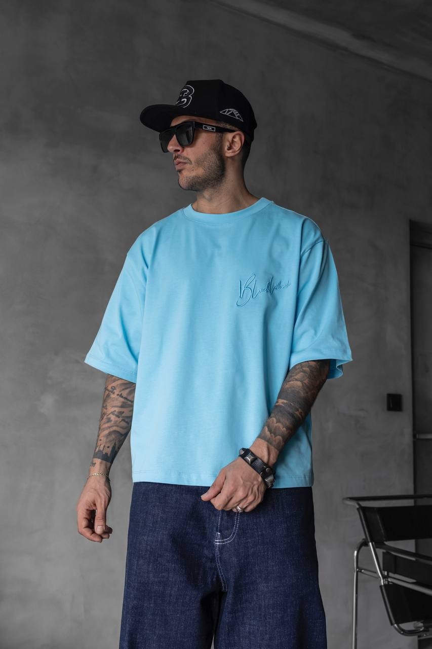 Blue Plain Detailed T-Shirt
