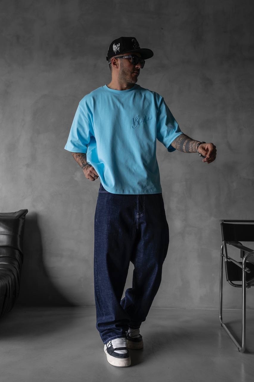 Blue Plain Detailed T-Shirt