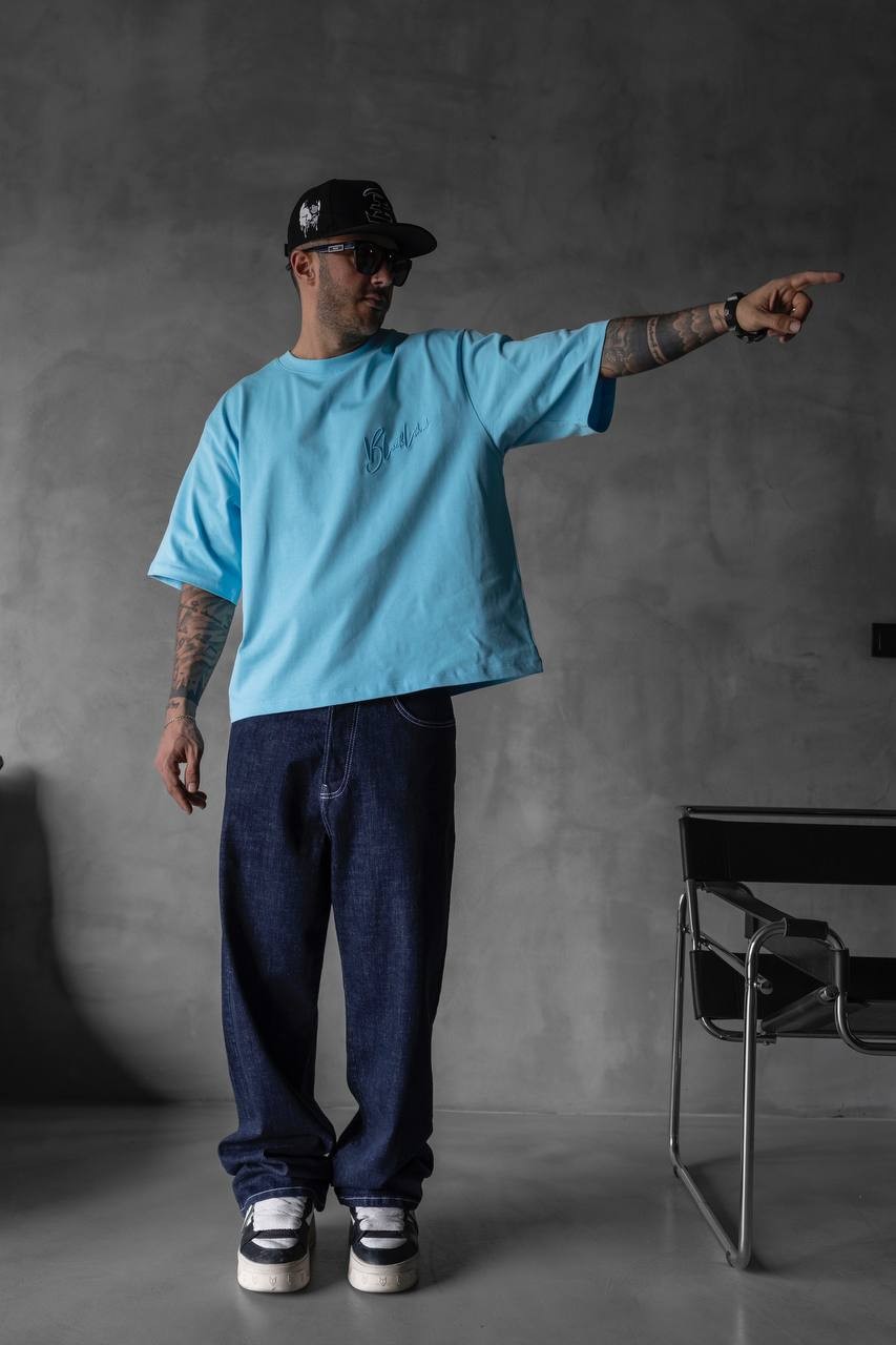 Blue Plain Detailed T-Shirt
