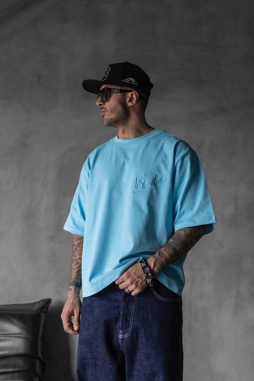 Blue Plain Detailed T-Shirt