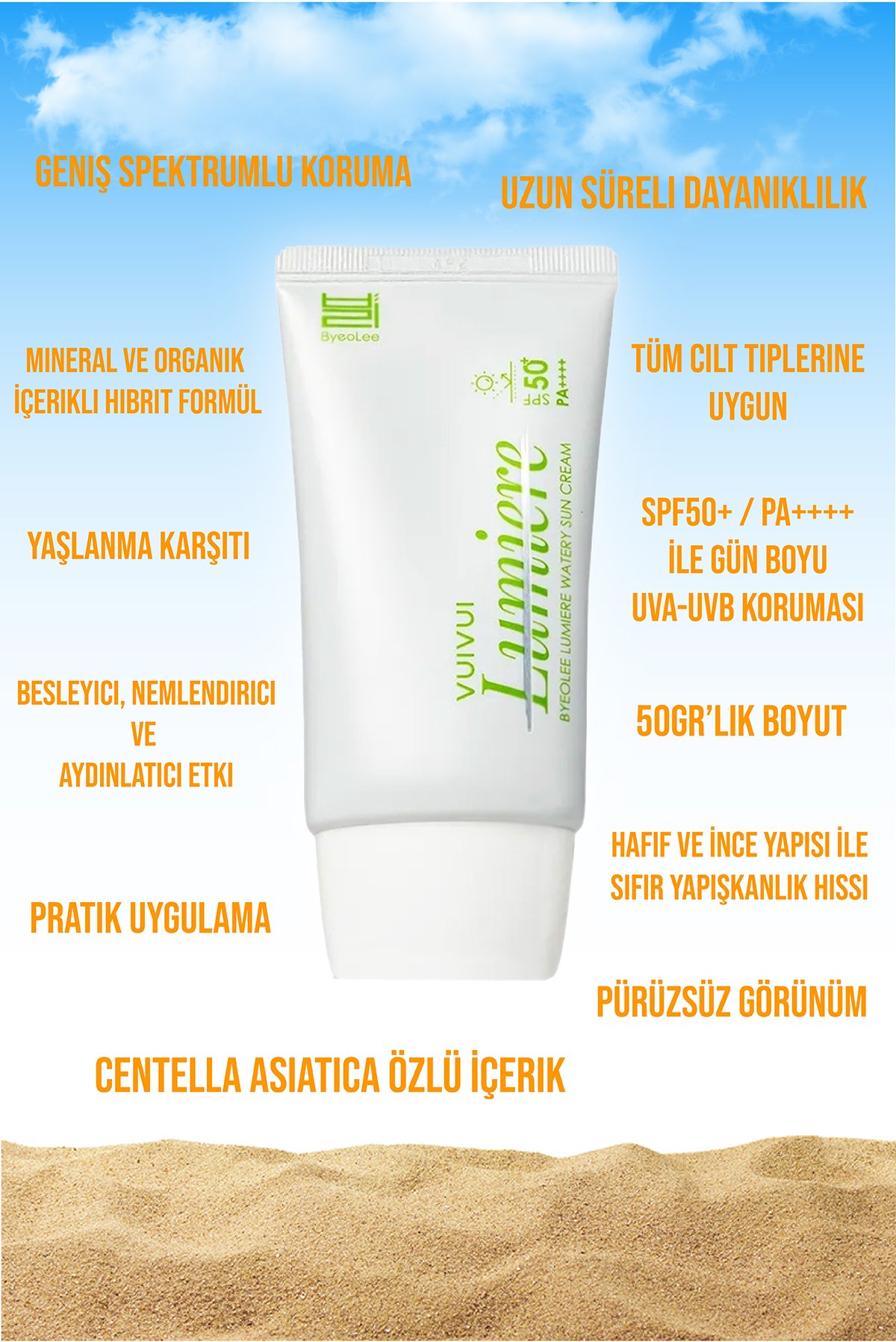 Lumiere Centella Asiatica İçerikli Watery Hafif Dokulu Mineral ve Organik Hibrit Renksiz Güneş Kremi SPF50+ / PA++++ 50gr