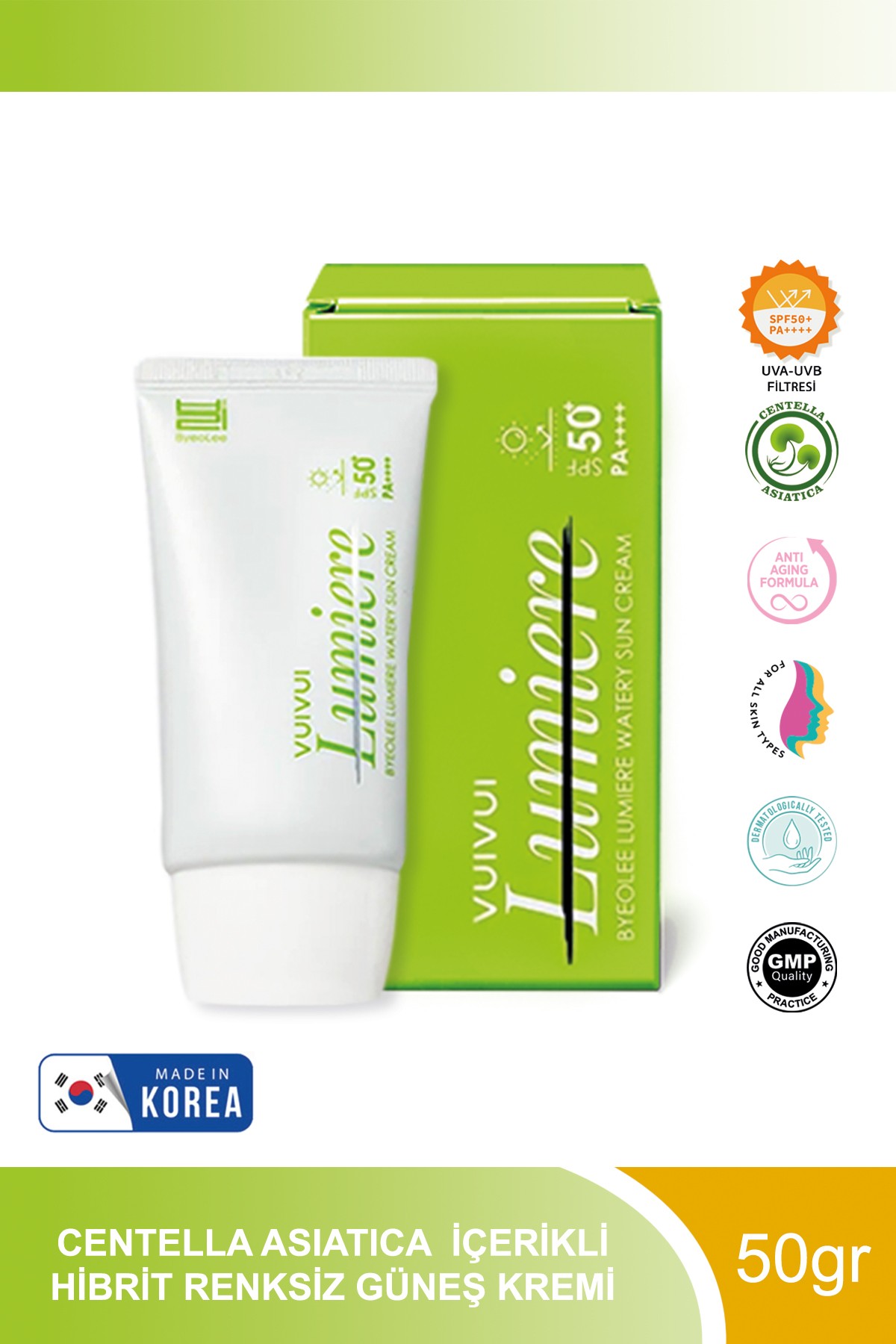 Lumiere Centella Asiatica İçerikli Watery Hafif Dokulu Mineral ve Organik Hibrit Renksiz Güneş Kremi SPF50+ / PA++++ 50gr