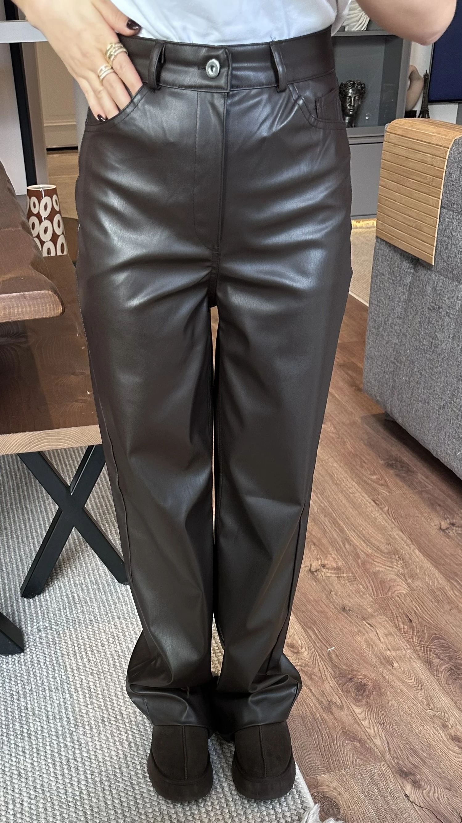 ZR Etiketli Acı Kahve Deri Palazzo Pantolon 