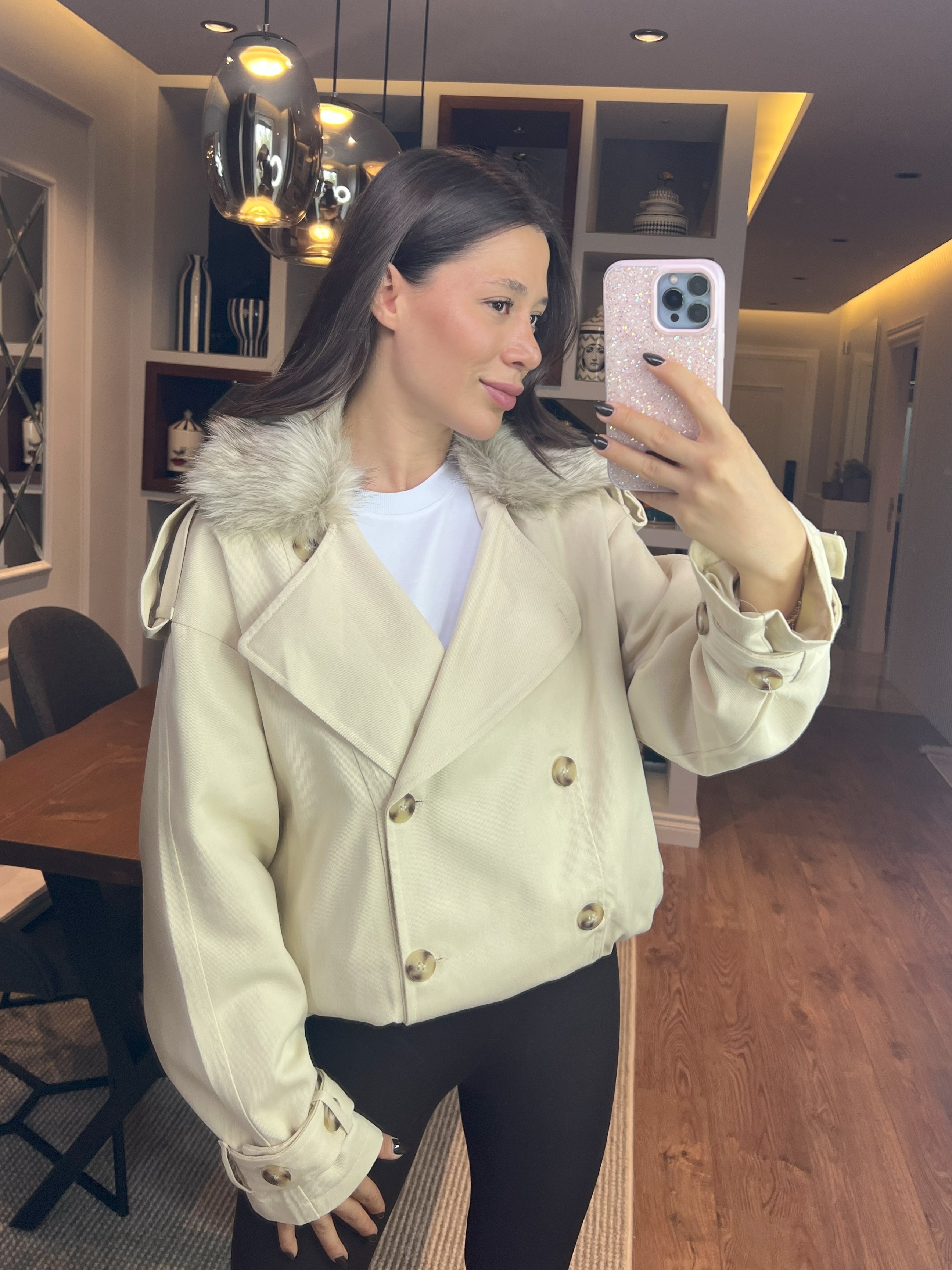 Kürk Detaylı Trençkot Taş Rengi 