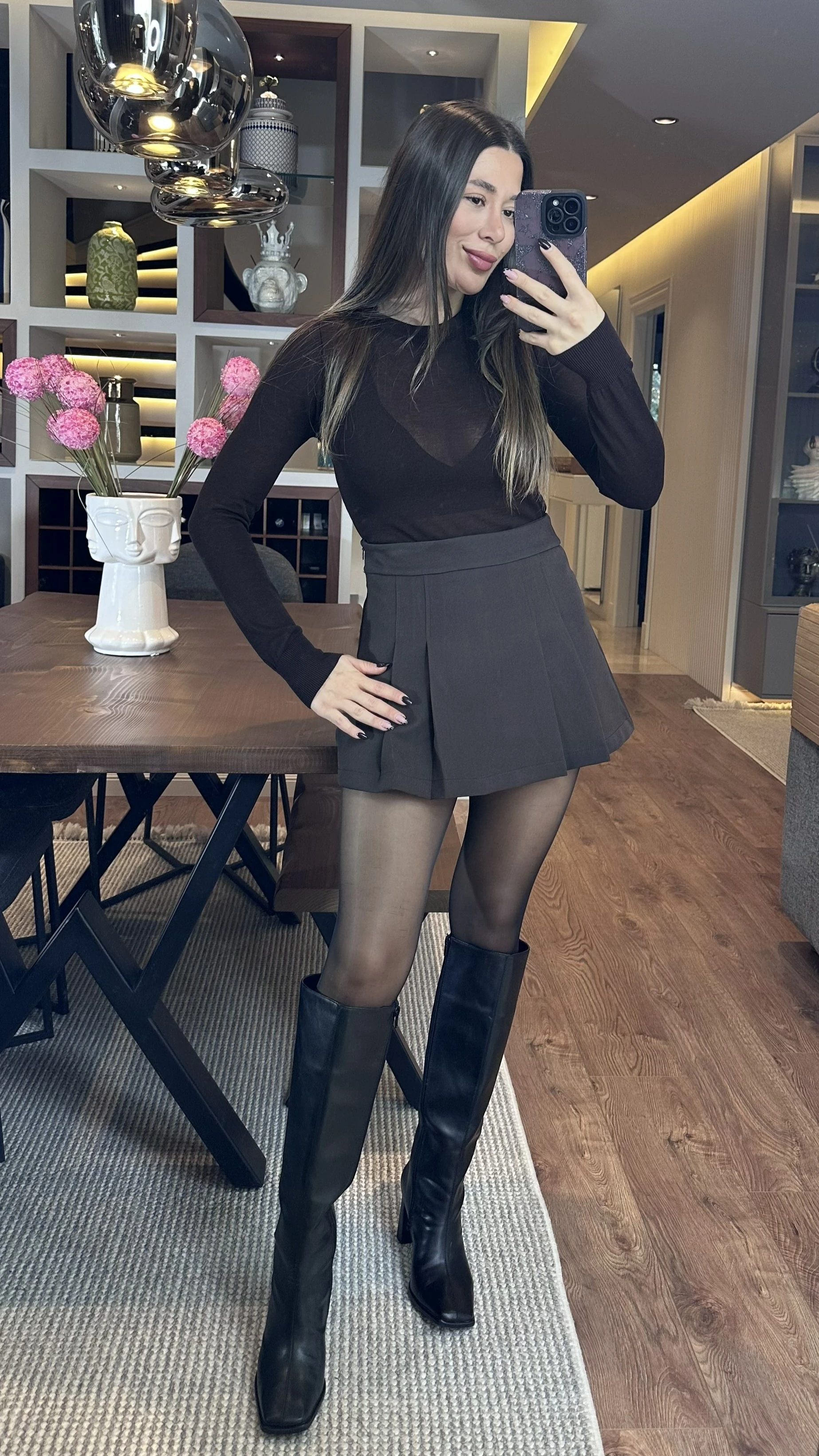 ZR Marka Pileli Şortlu Etek Kahverengi 