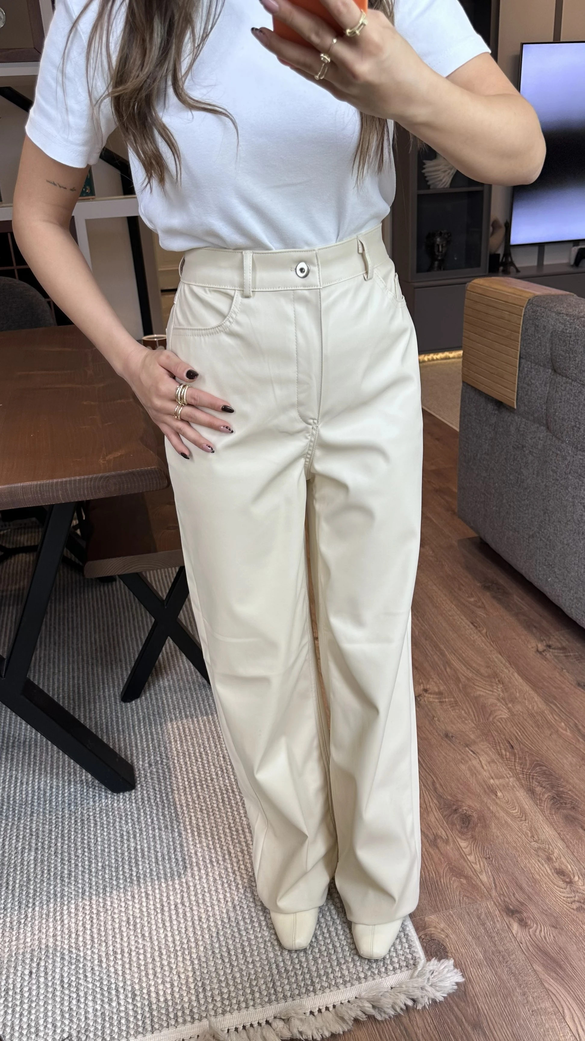 ZR Etiketli Bej Deri Palazzo Pantolon 