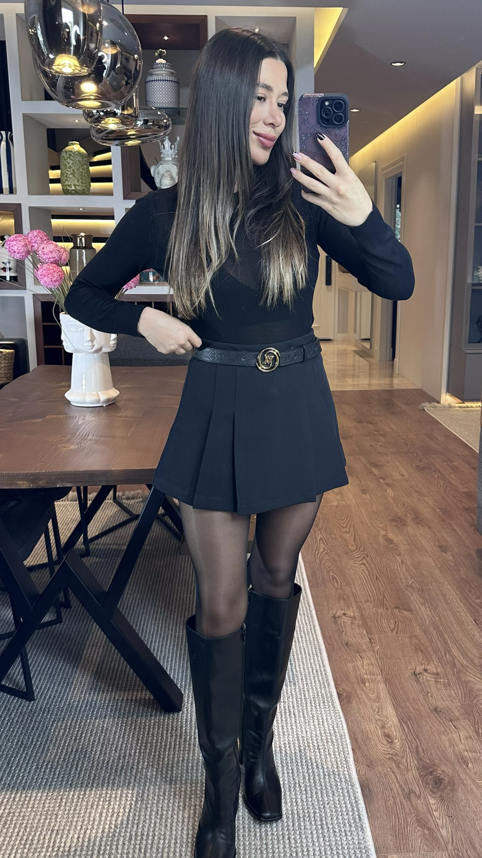 ZR Etiketli Pileli Şortlu Etek Siyah