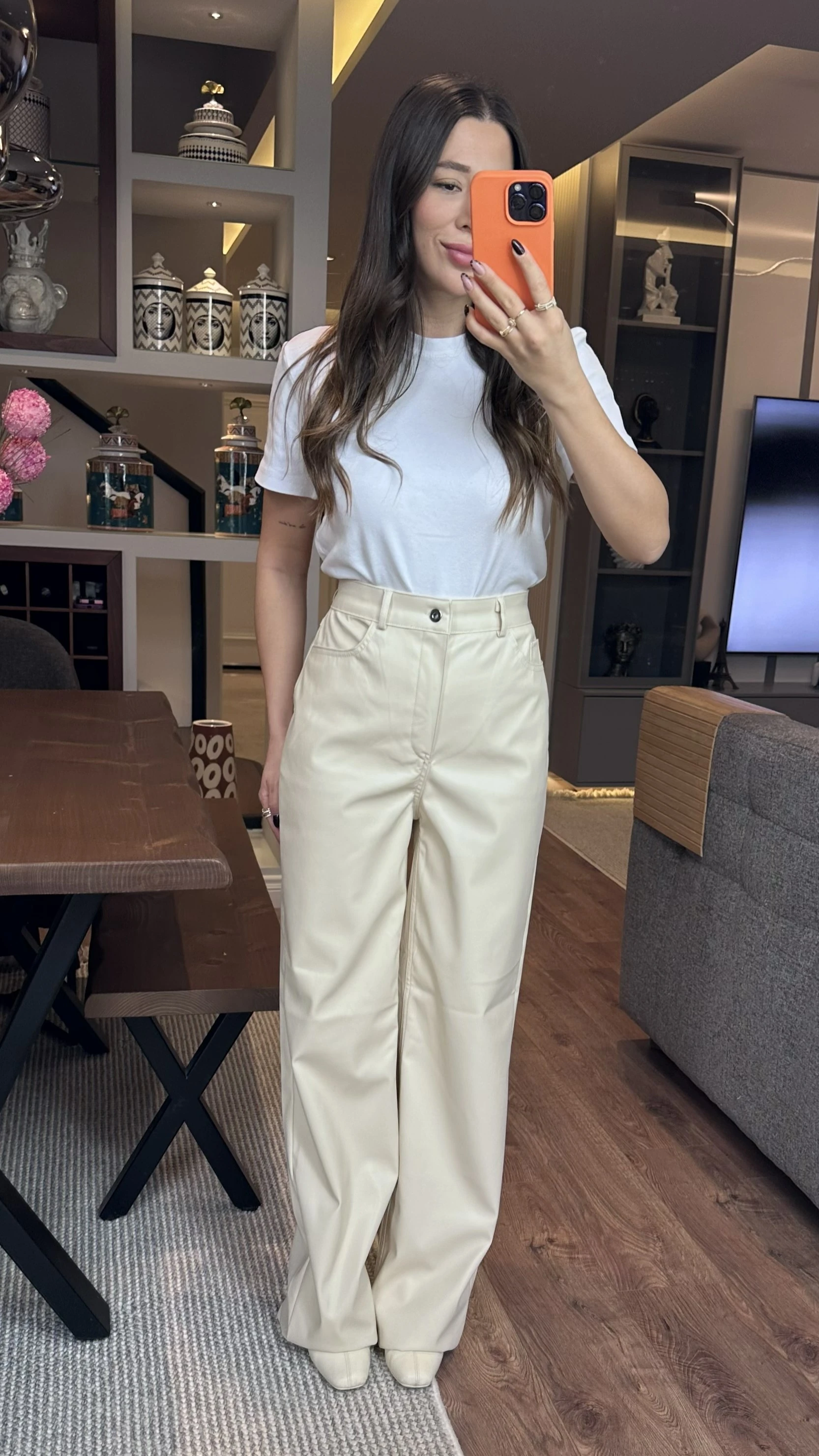 ZR Etiketli Bej Deri Palazzo Pantolon 