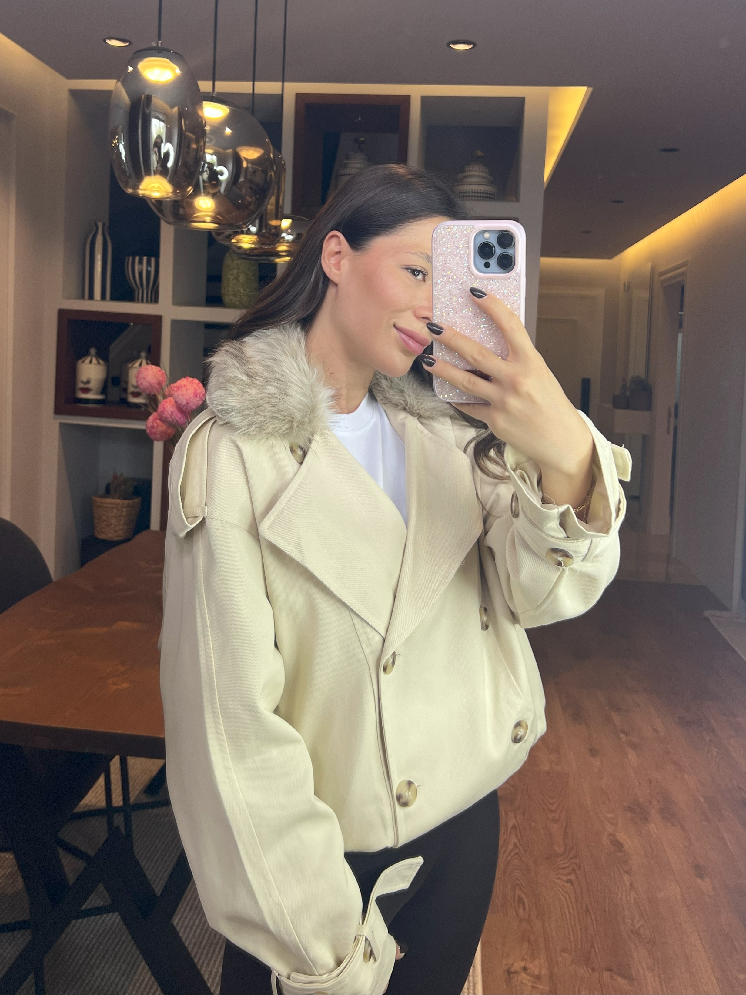 Kürk Detaylı Trençkot Taş Rengi 