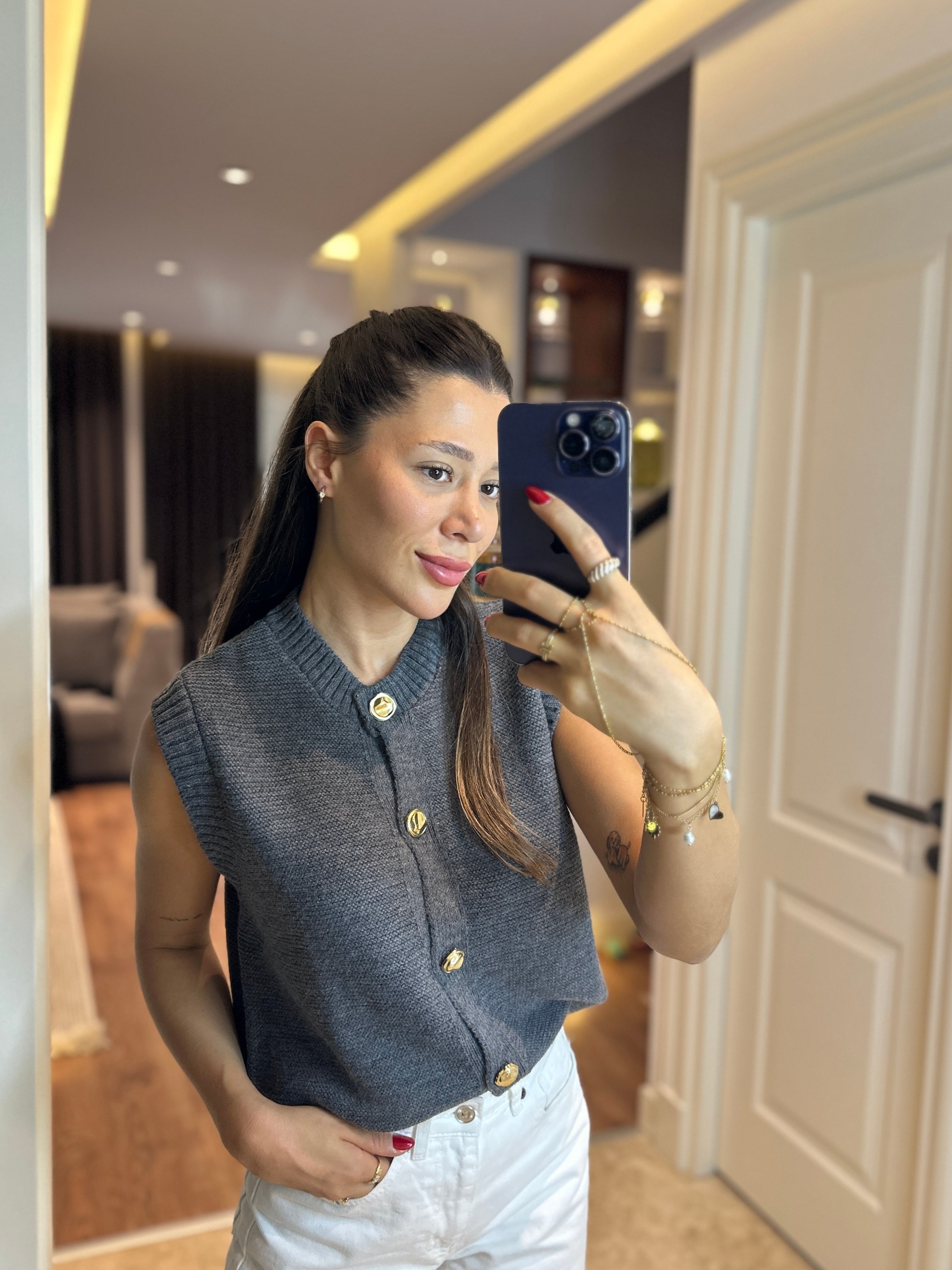 Antrasit Bisiklet Yaka Düğmeli Triko Yelek