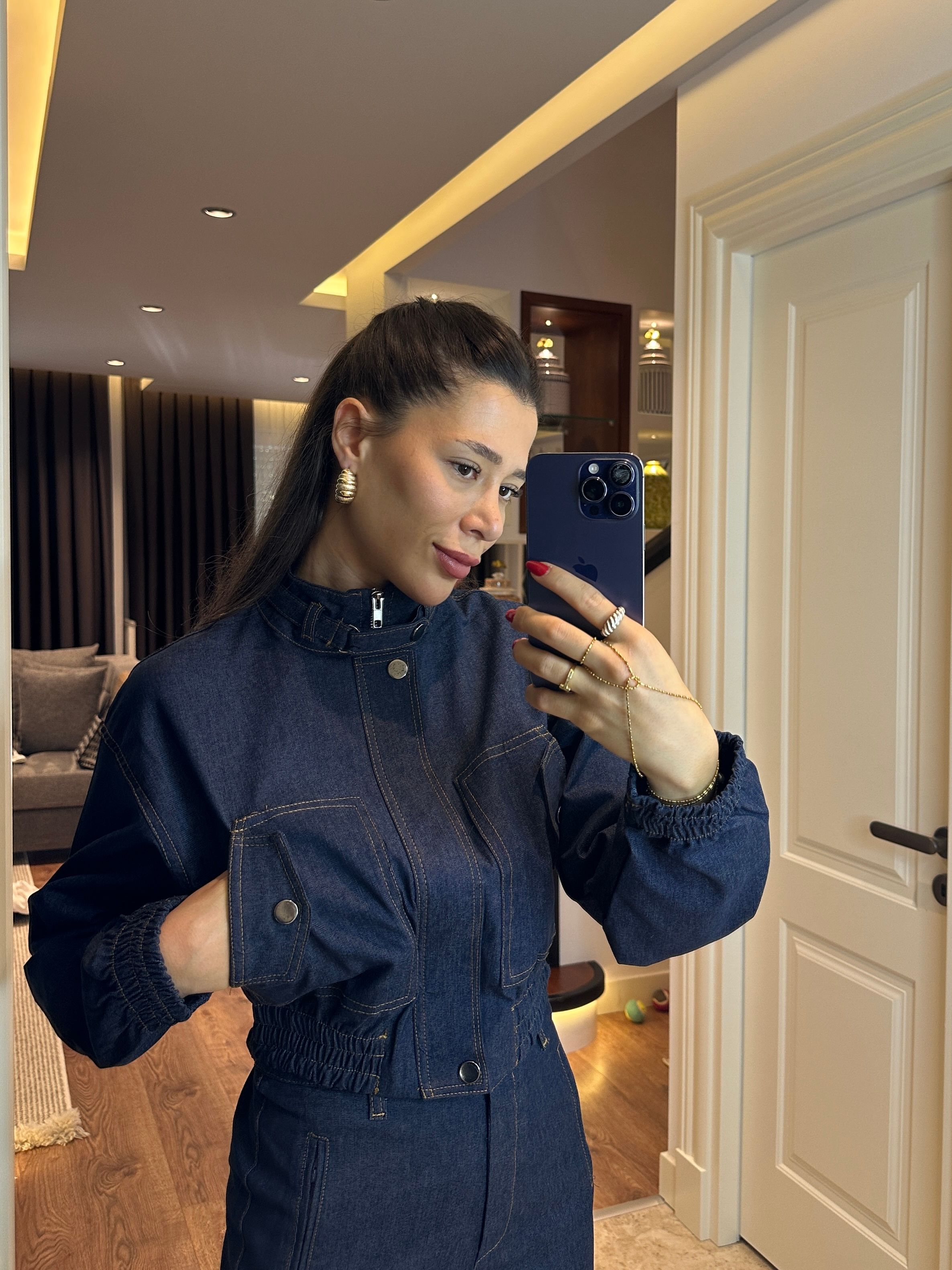 Beli Lastikli Lacivert Denim Ceket 