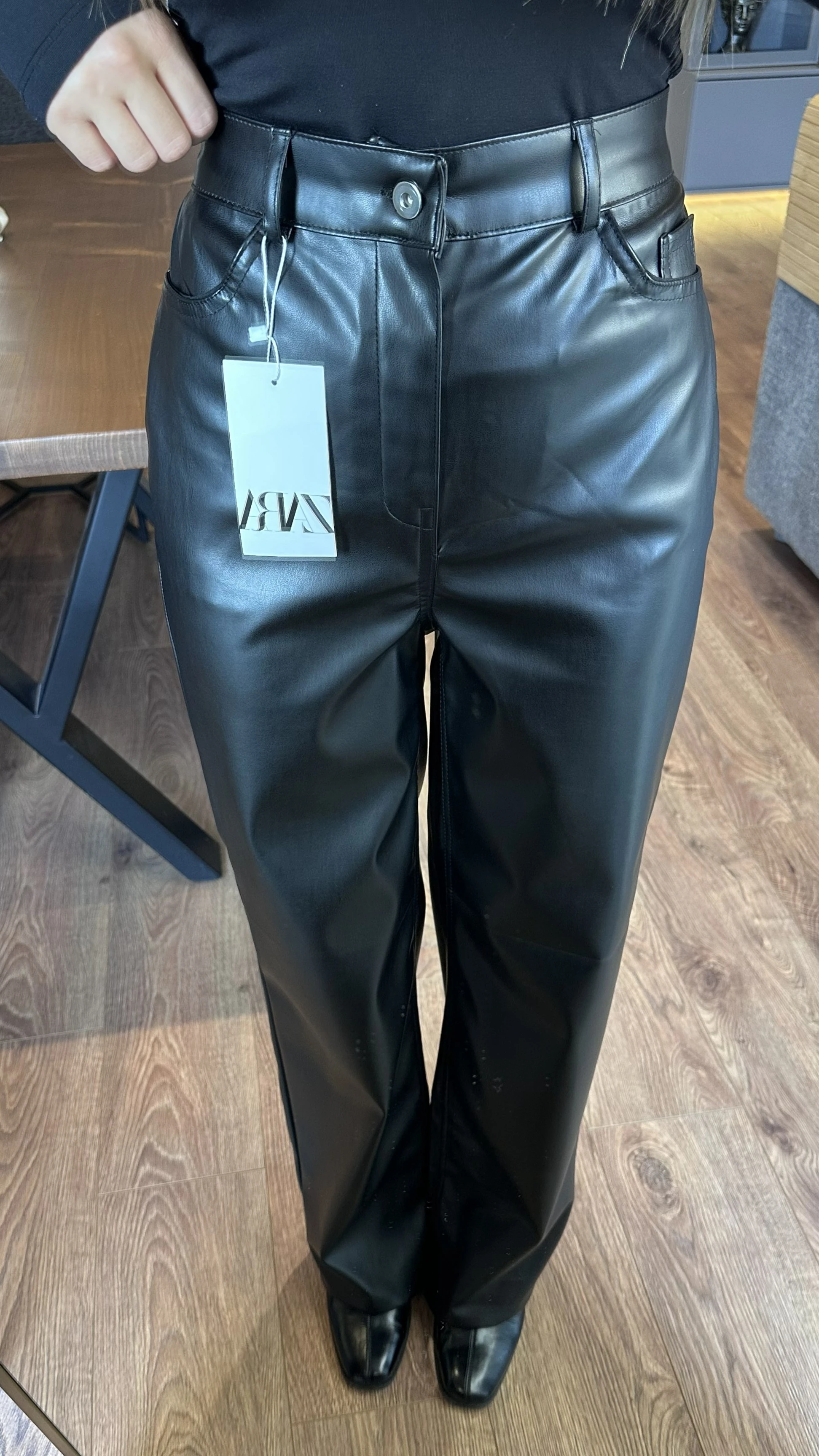 Zr Etiketli Siyah Deri Palazzo Pantolon