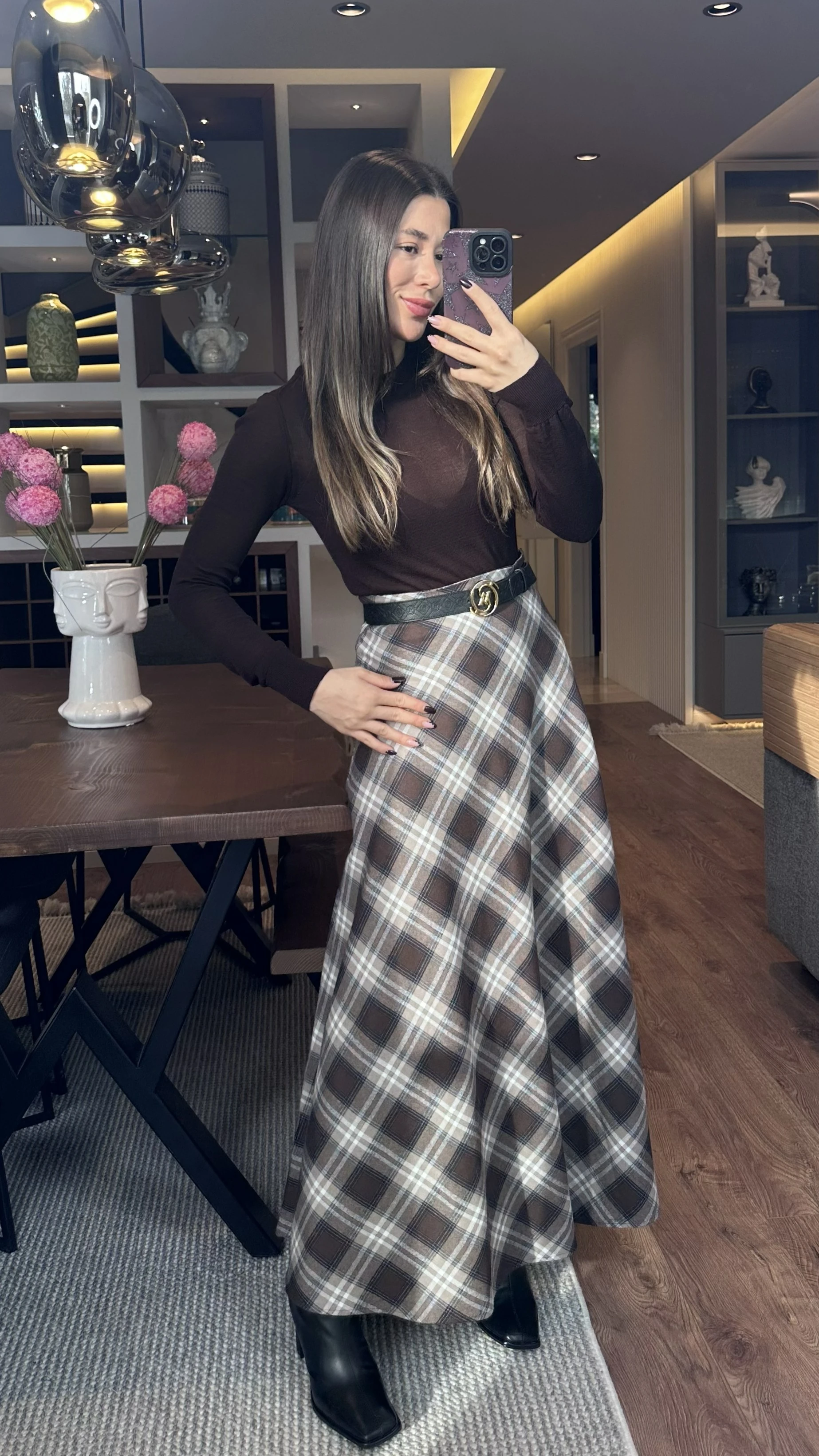 Kahverengi Ekoseli Uzun Etek 