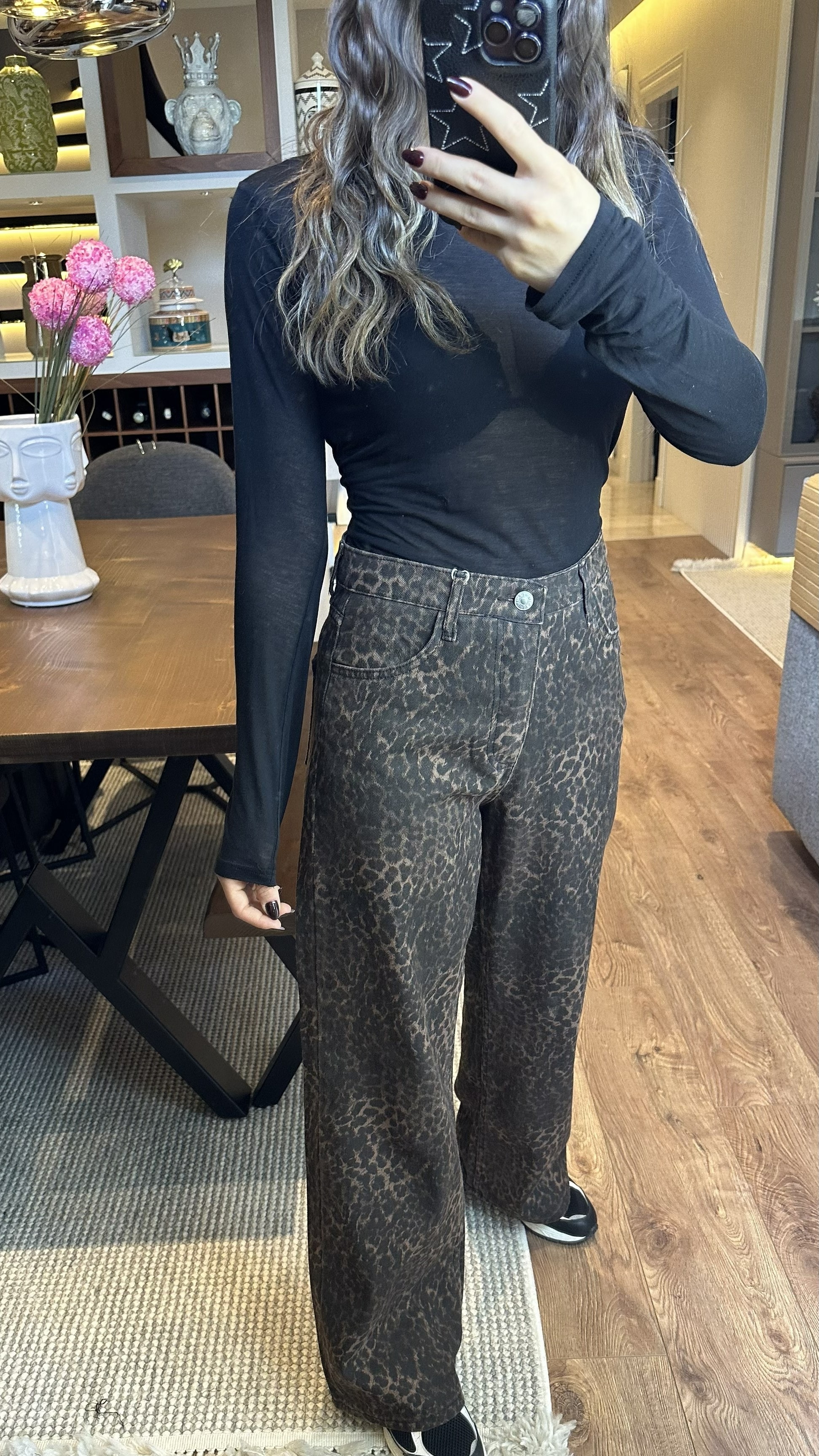 Leopar Desenli Straight Pantolon