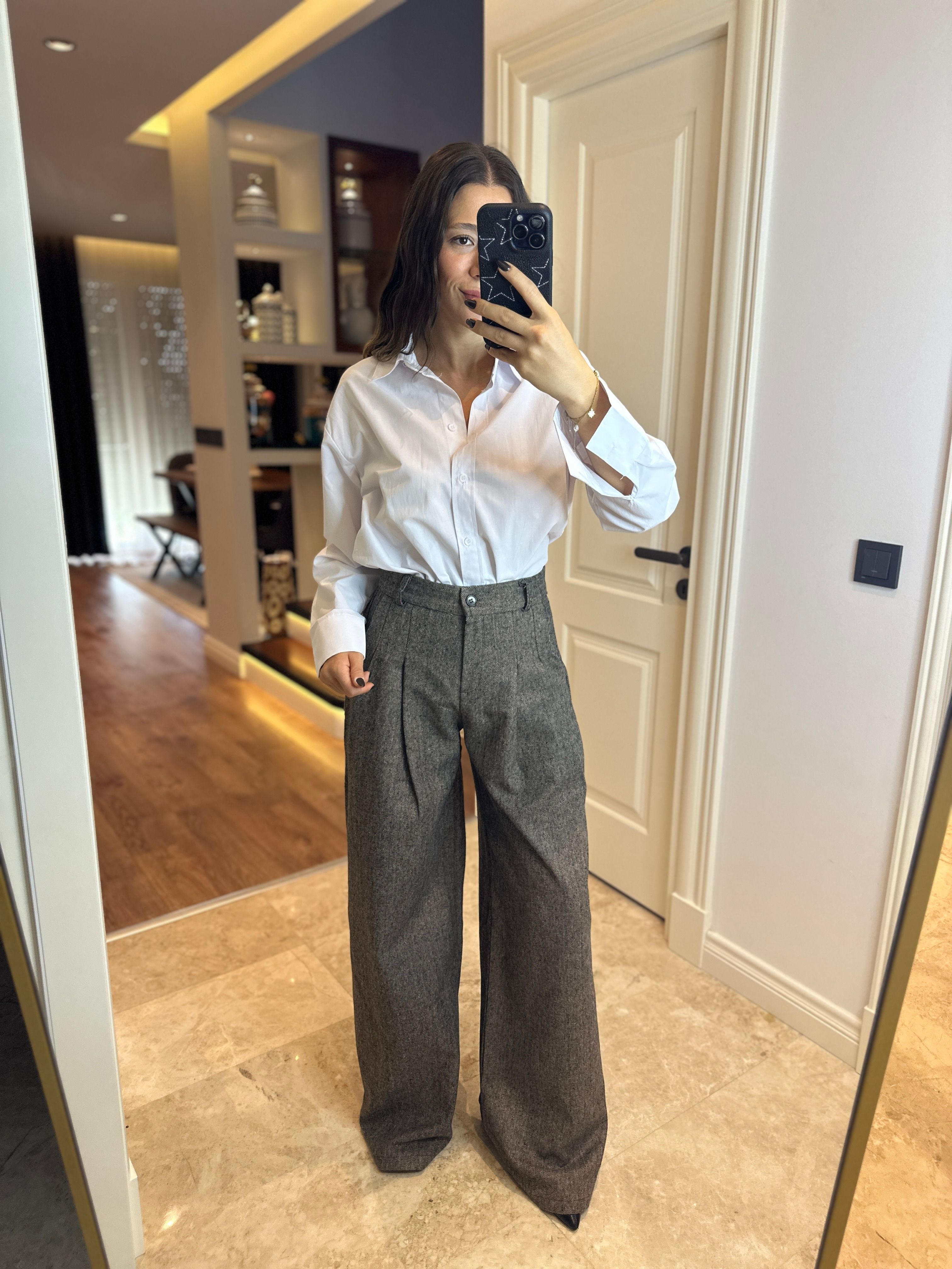 Kahverengi Herringbone Desenli Pantolon 