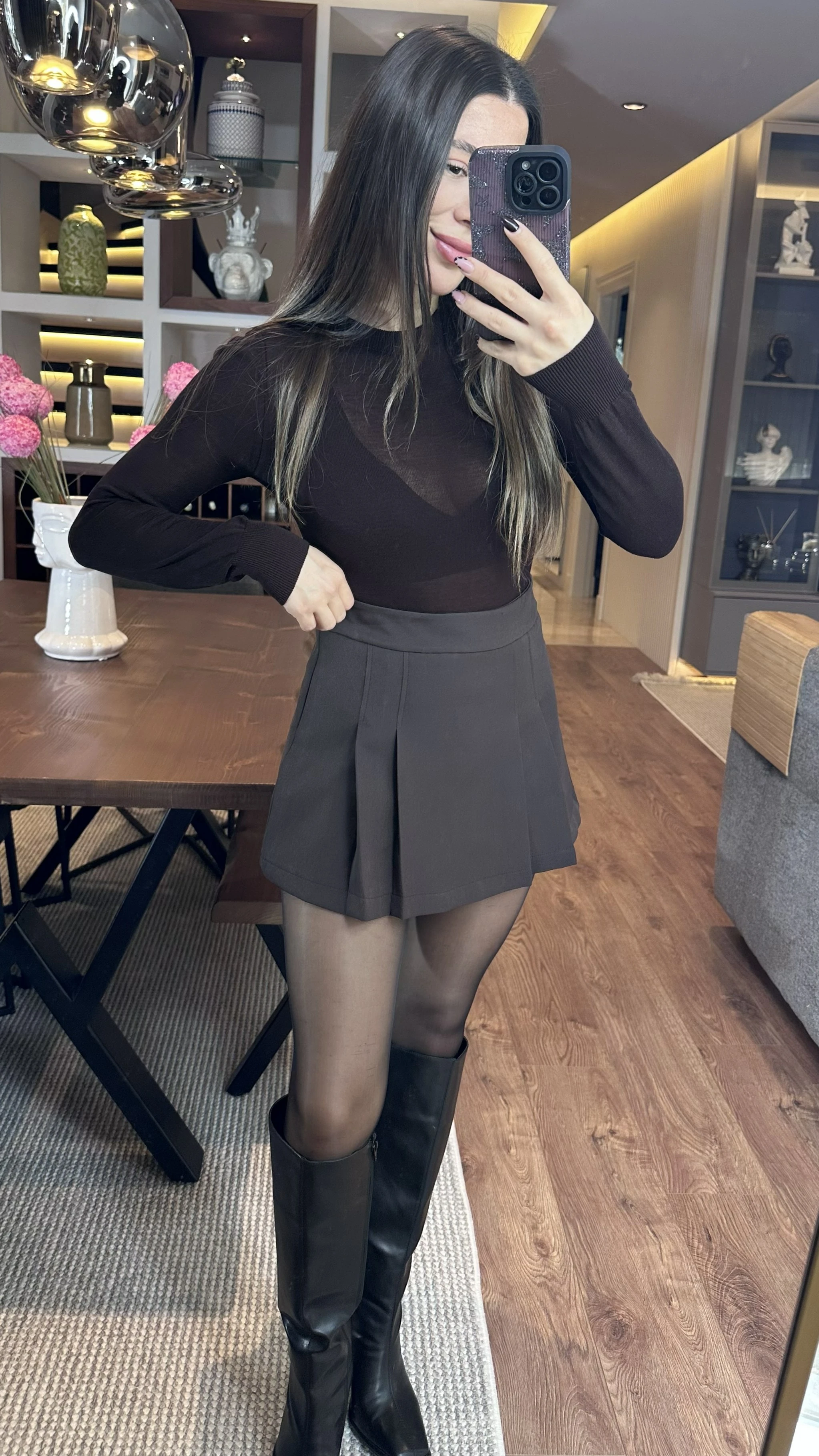 ZR Marka Pileli Şortlu Etek Kahverengi 