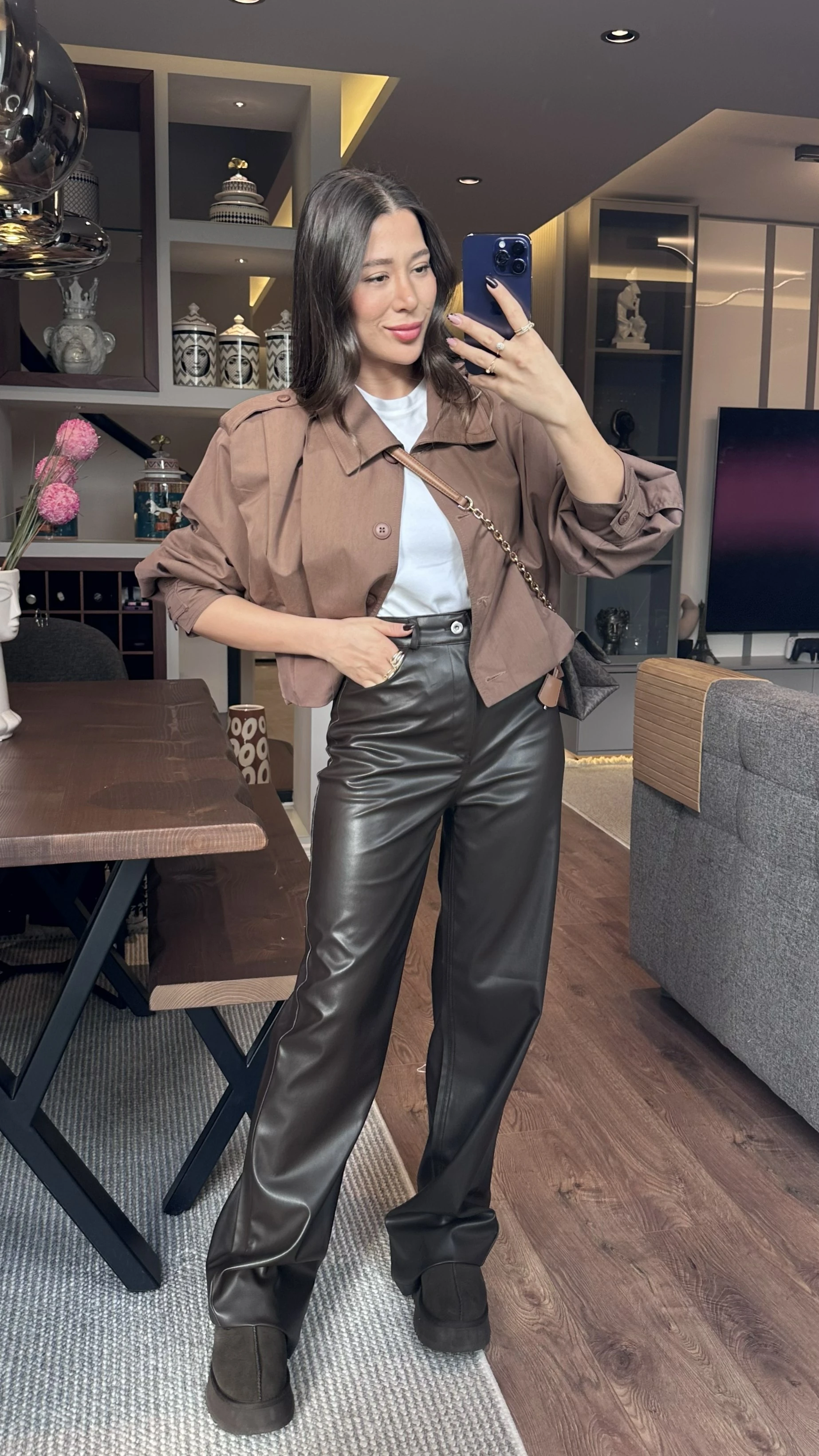 ZR Etiketli Acı Kahve Deri Palazzo Pantolon 