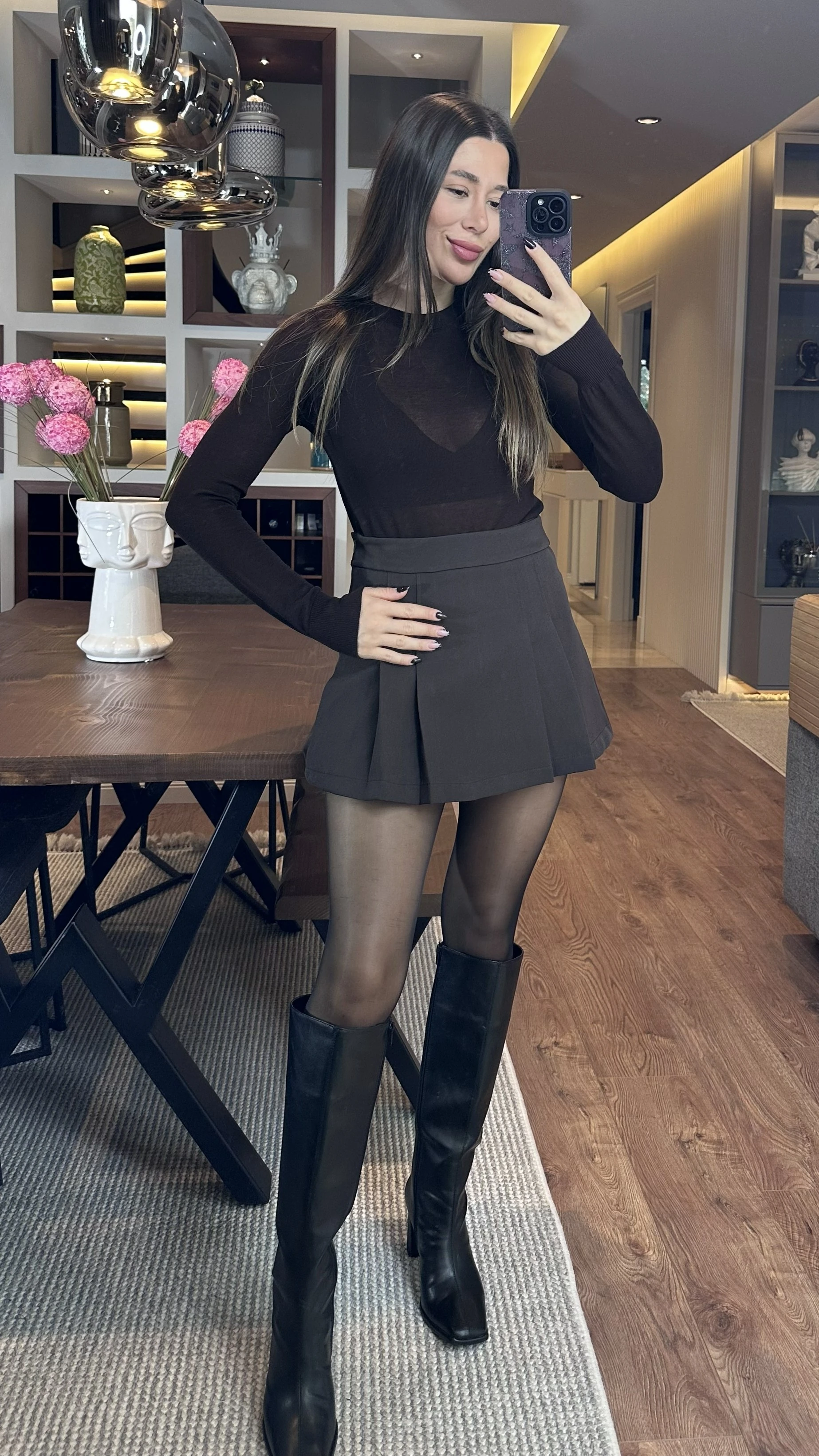 ZR Marka Pileli Şortlu Etek Kahverengi 