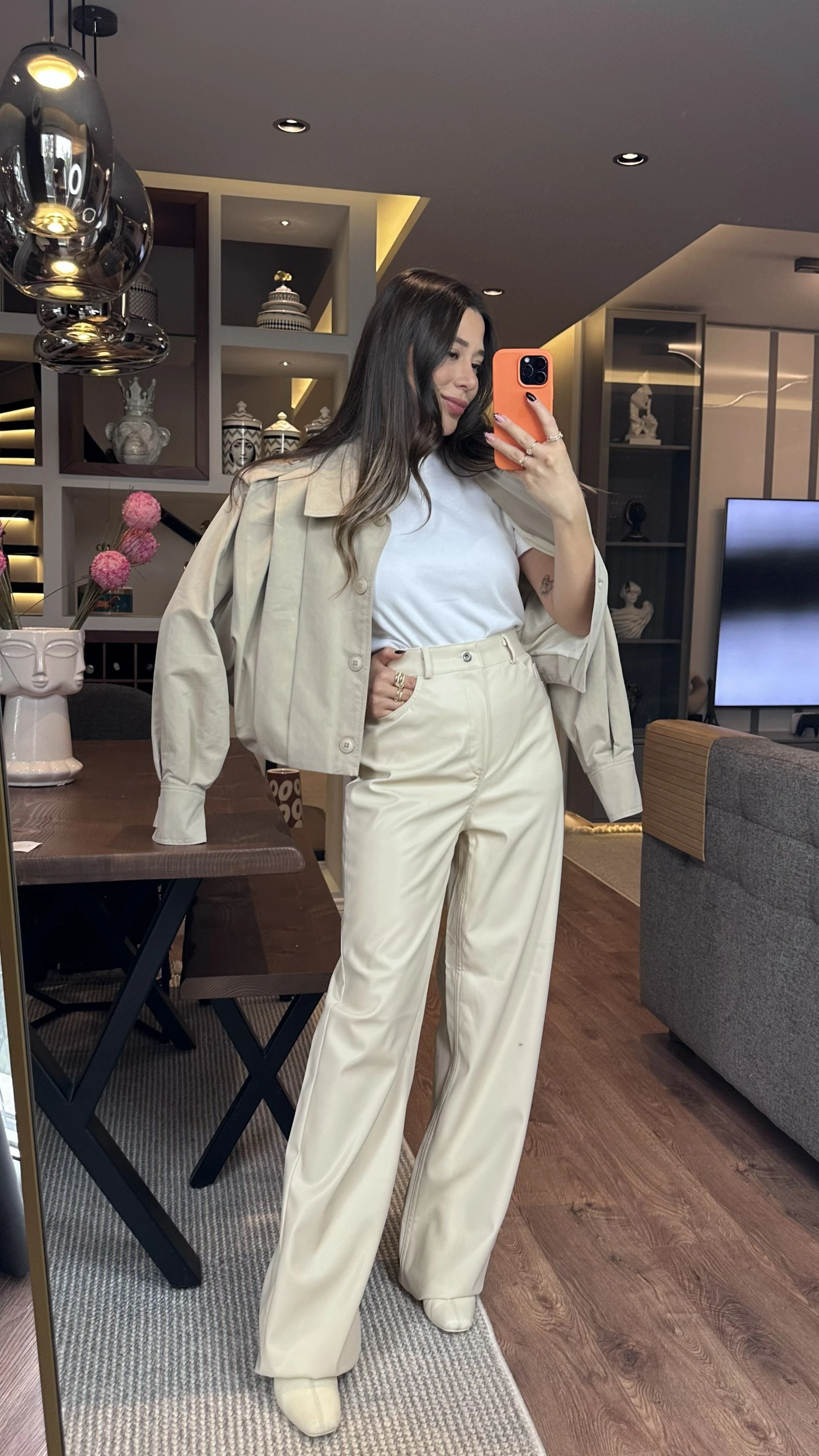 ZR Etiketli Bej Deri Palazzo Pantolon 