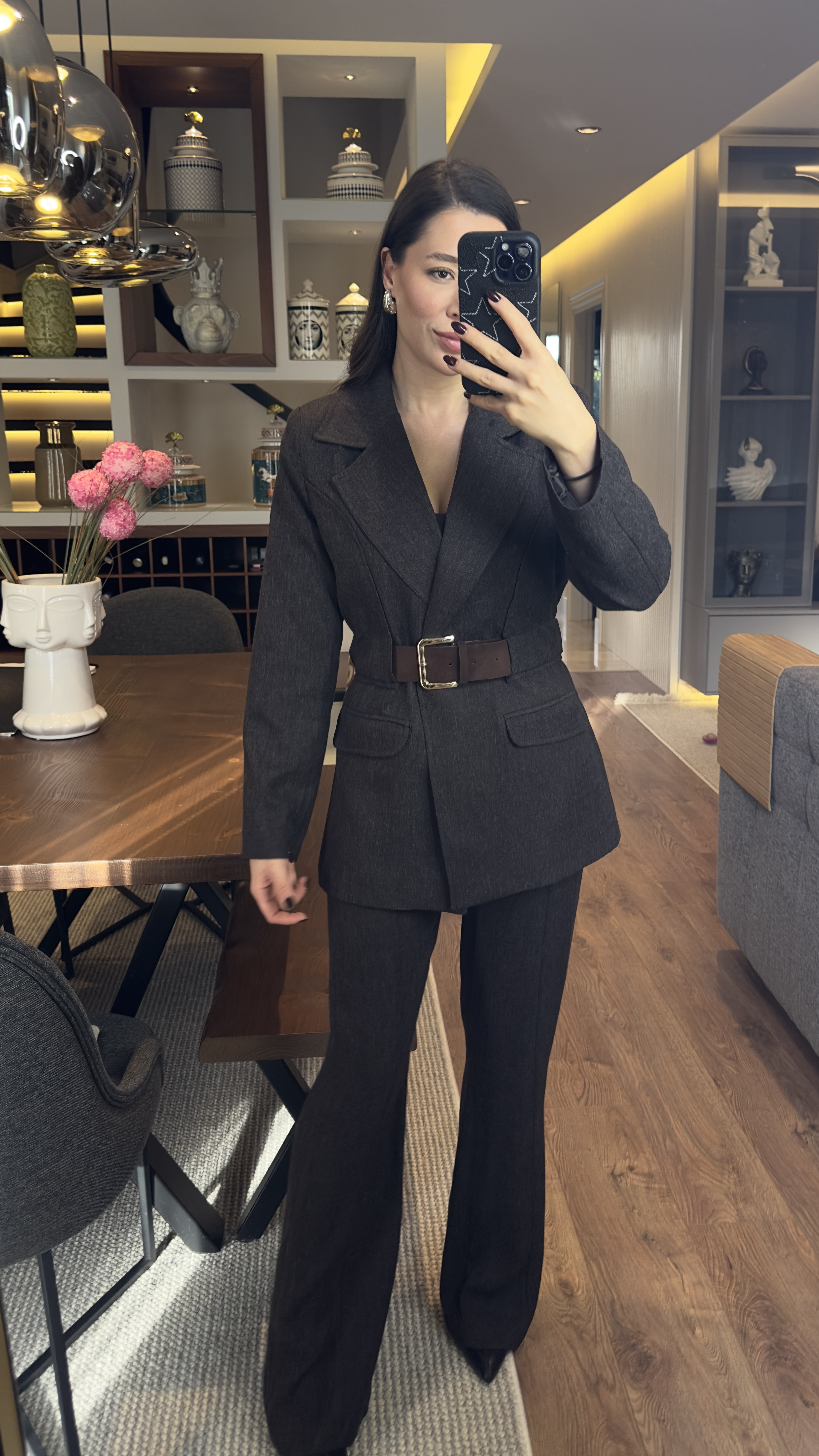 Kahverengi Kemerli Ceket Pantolon Takım 