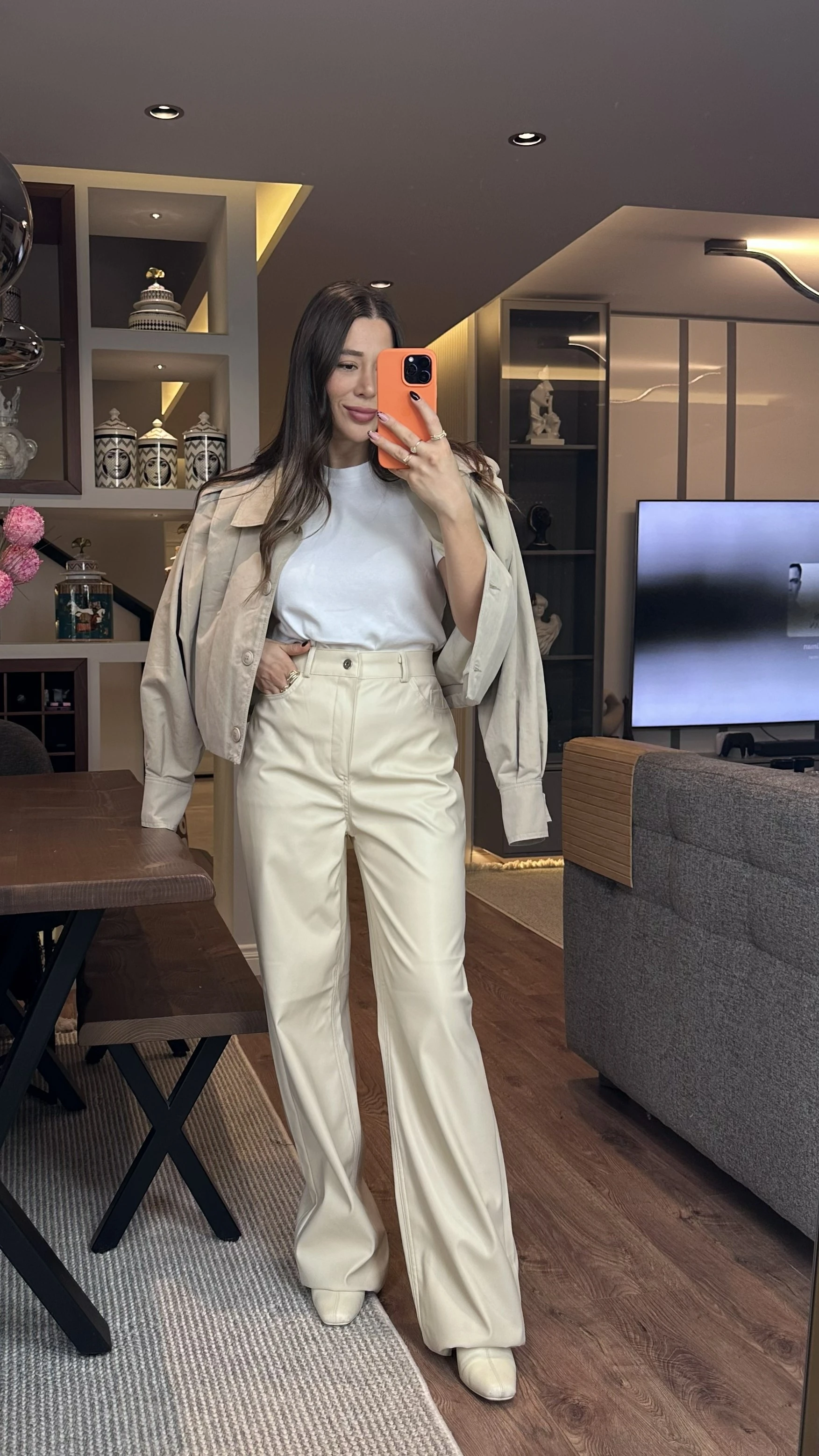 ZR Etiketli Bej Deri Palazzo Pantolon 