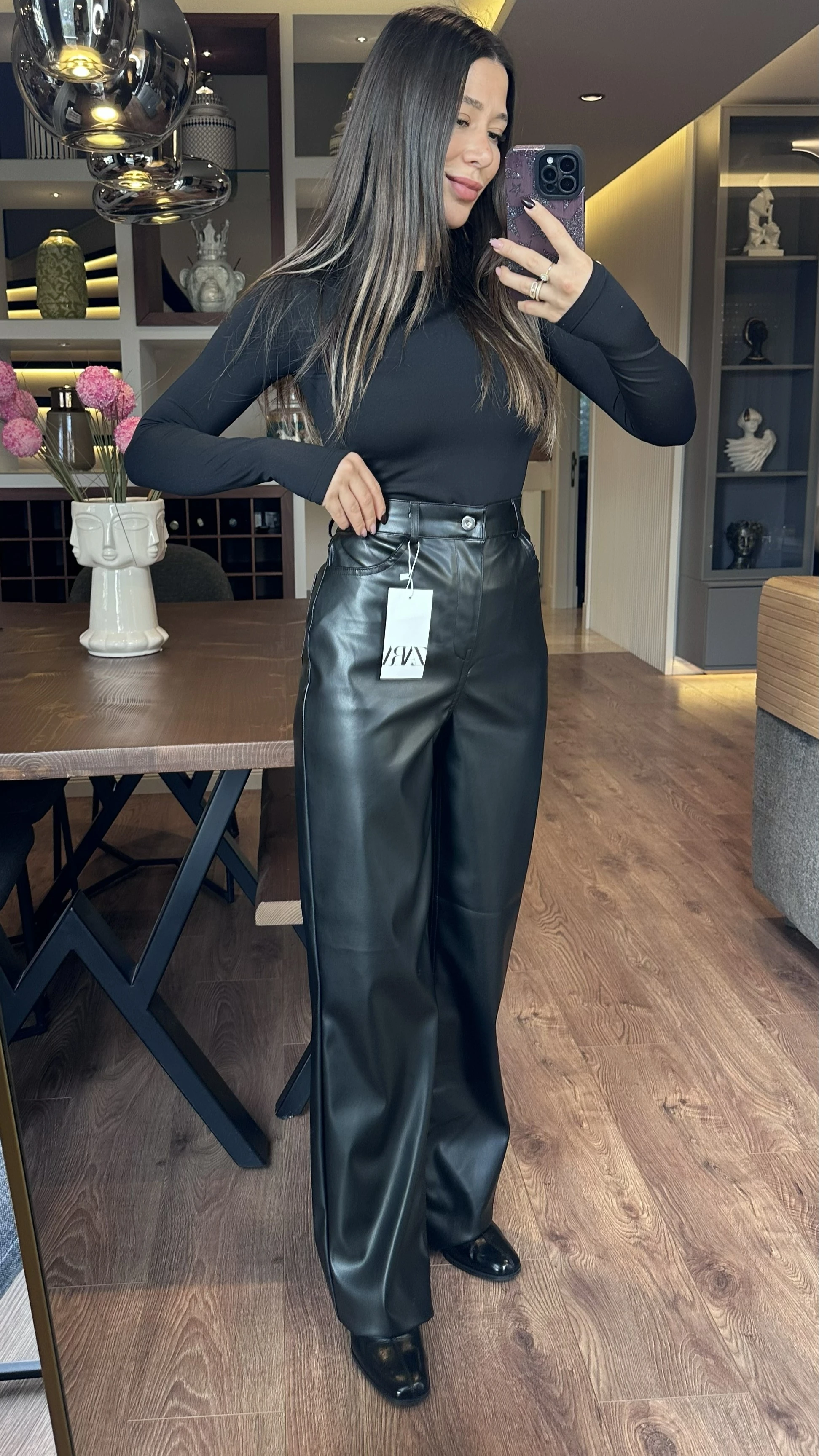 Zr Etiketli Siyah Deri Palazzo Pantolon