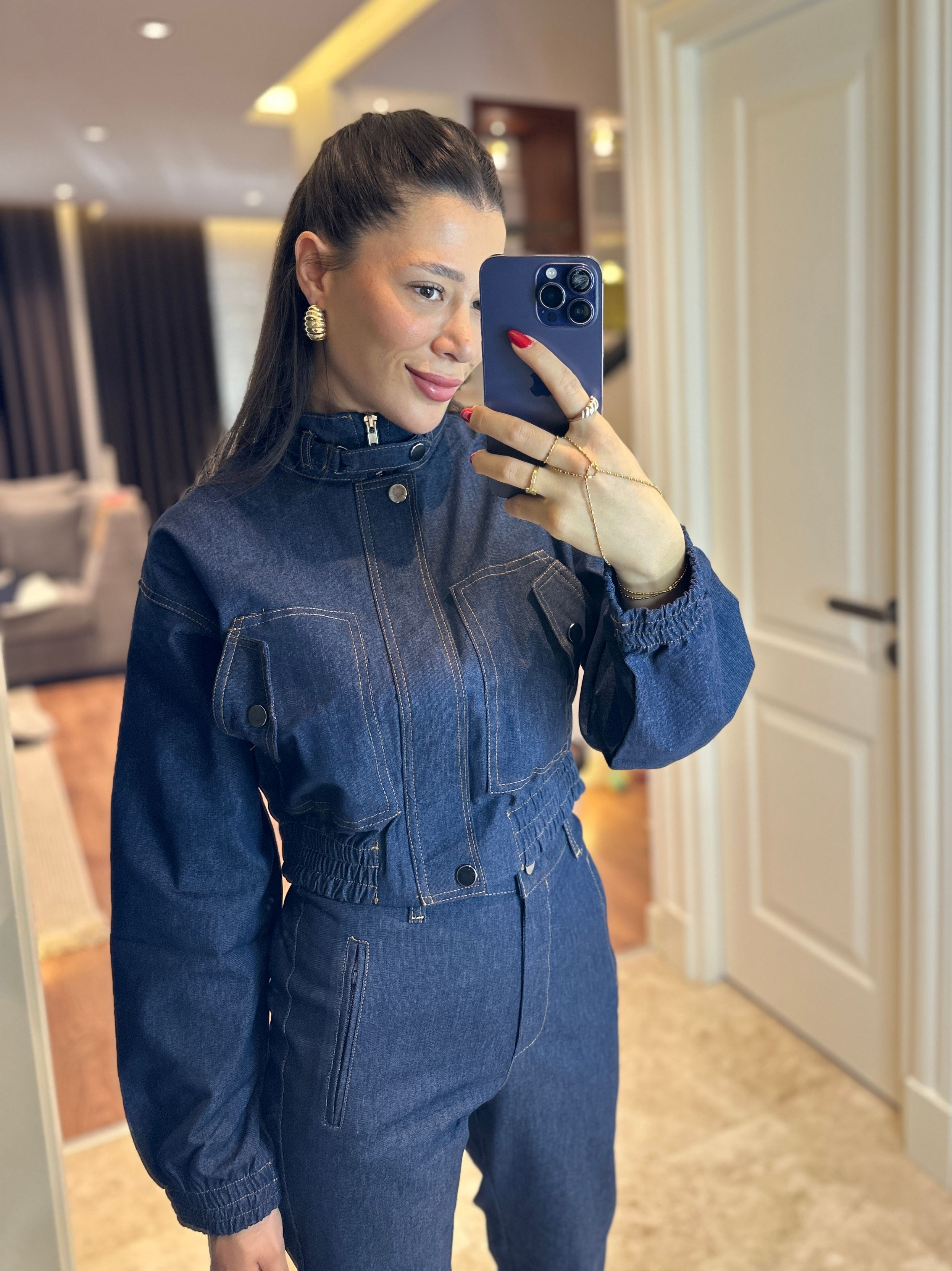 Beli Lastikli Lacivert Denim Ceket 