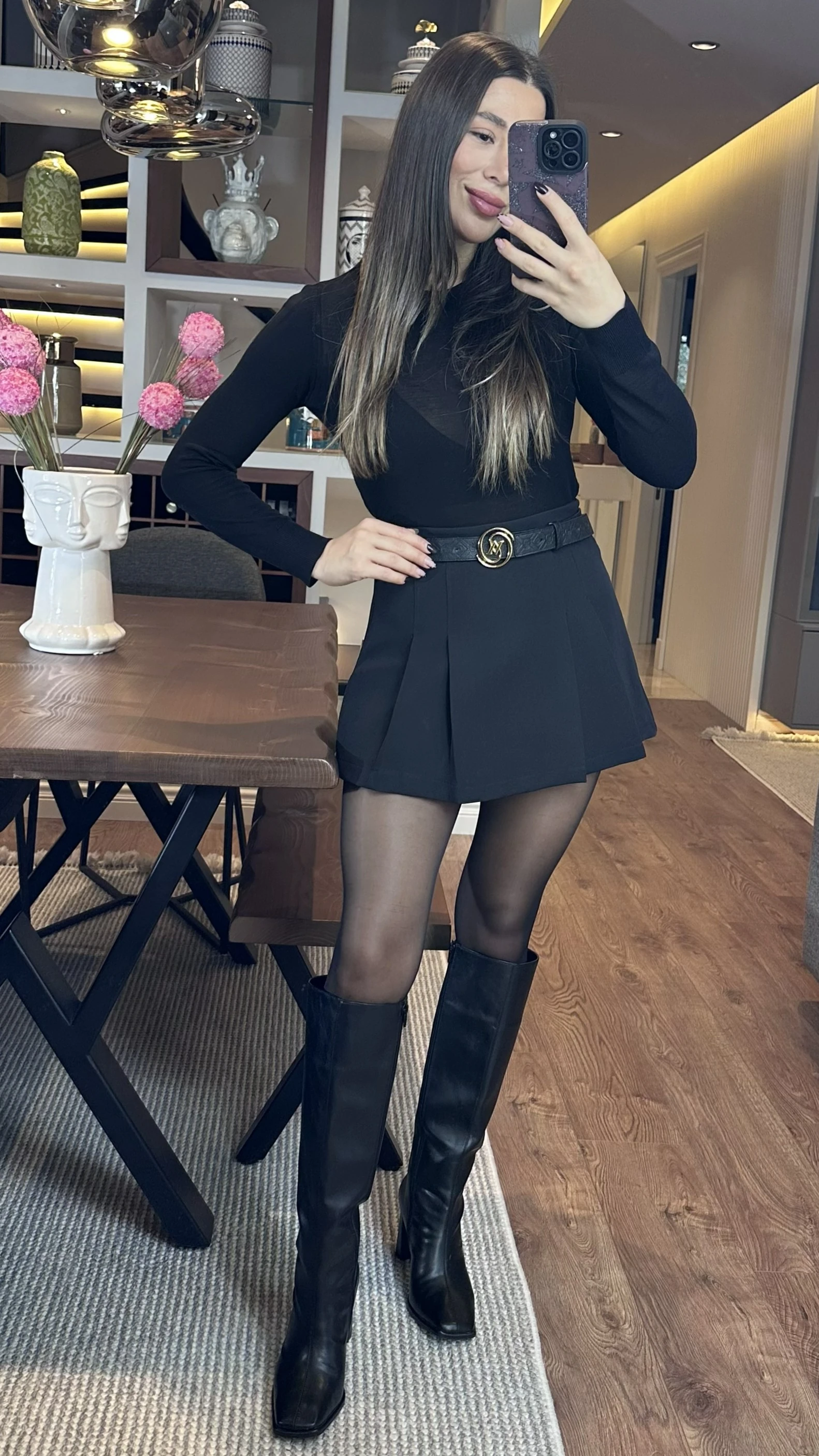 ZR Etiketli Pileli Şortlu Etek Siyah