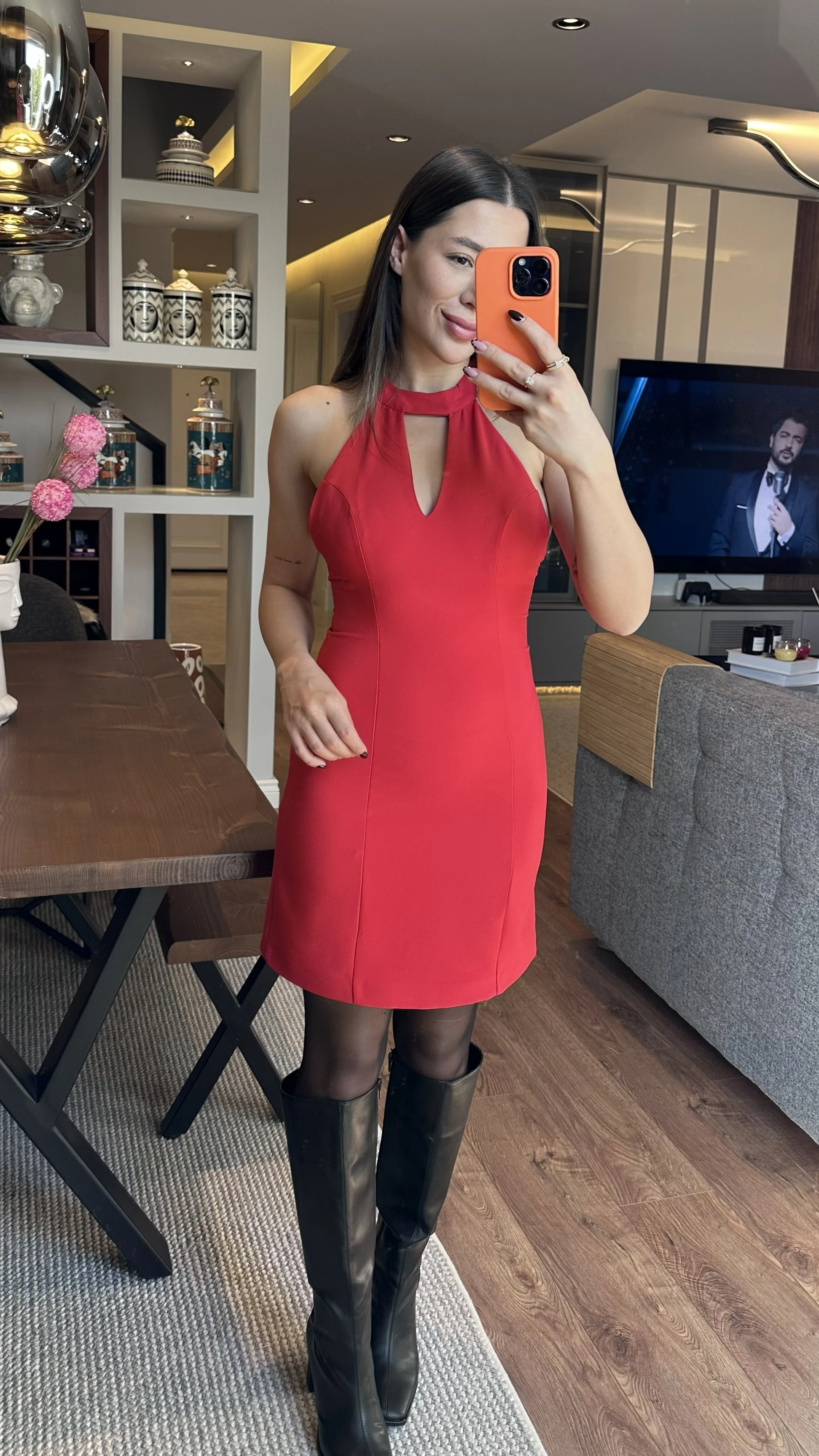 Kırmızı Fiyonk Detaylı Mini Elbise 