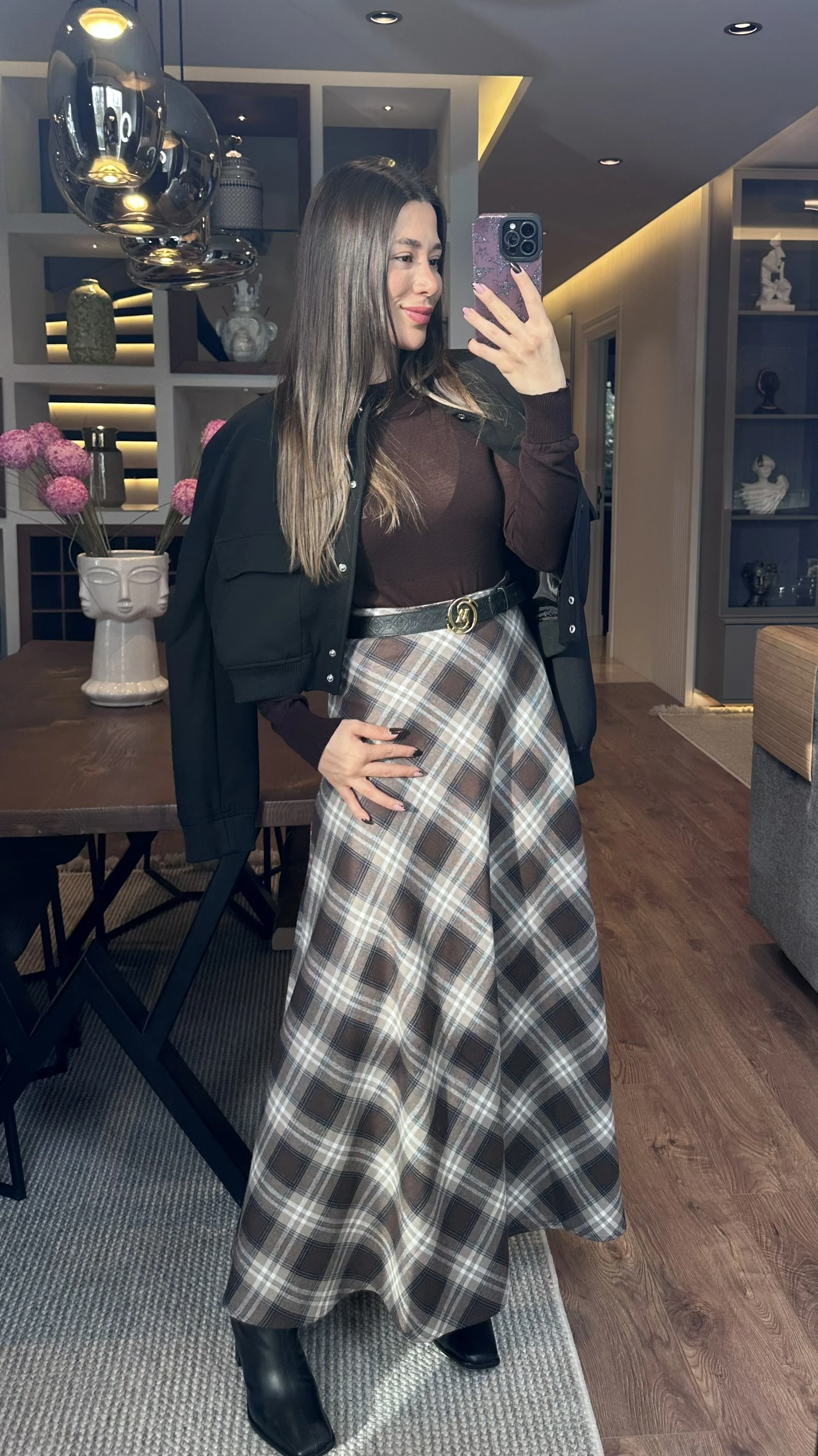 Kahverengi Ekoseli Uzun Etek 