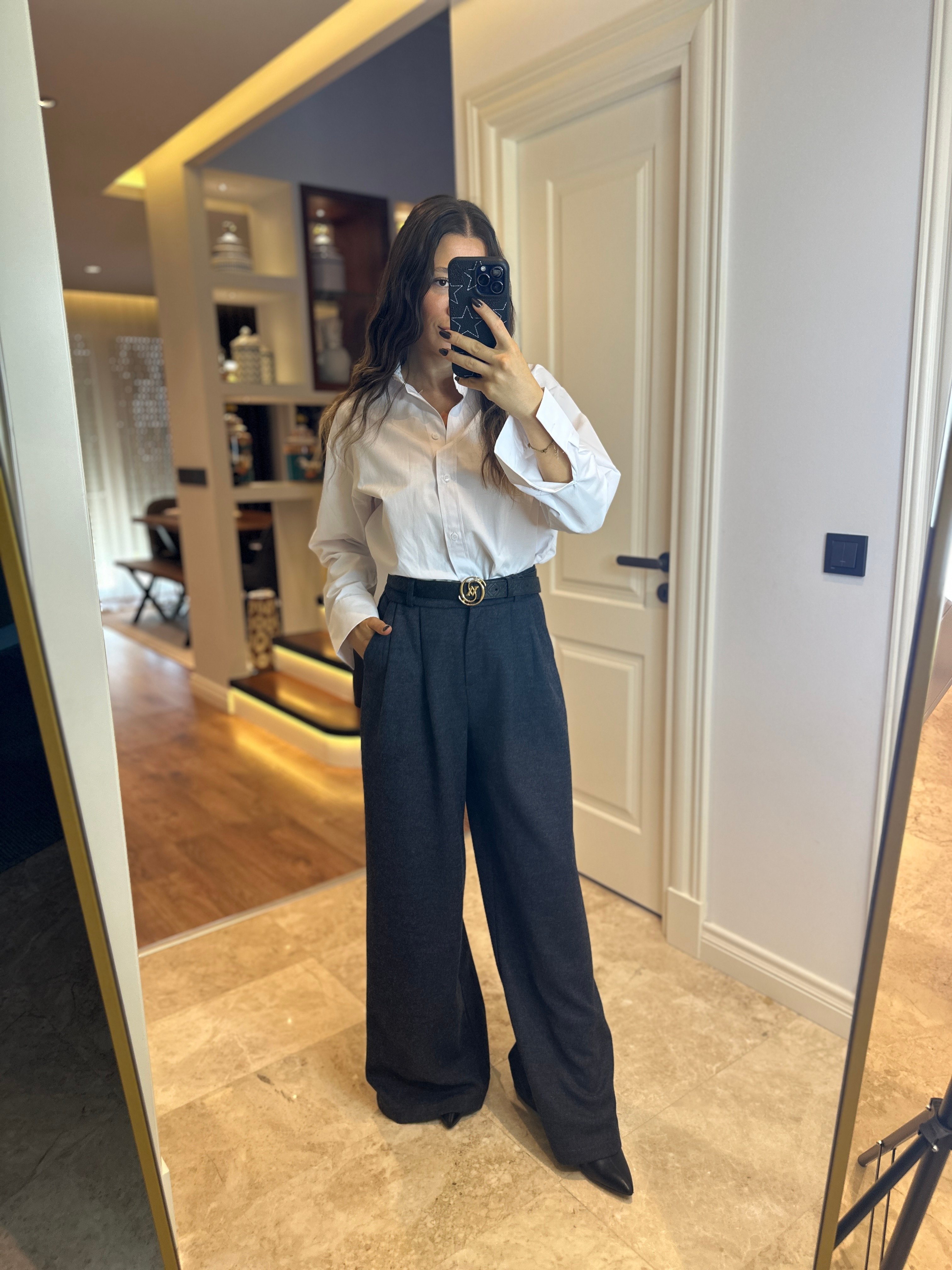 Lacivert Herringbone Desenli Pantolon 