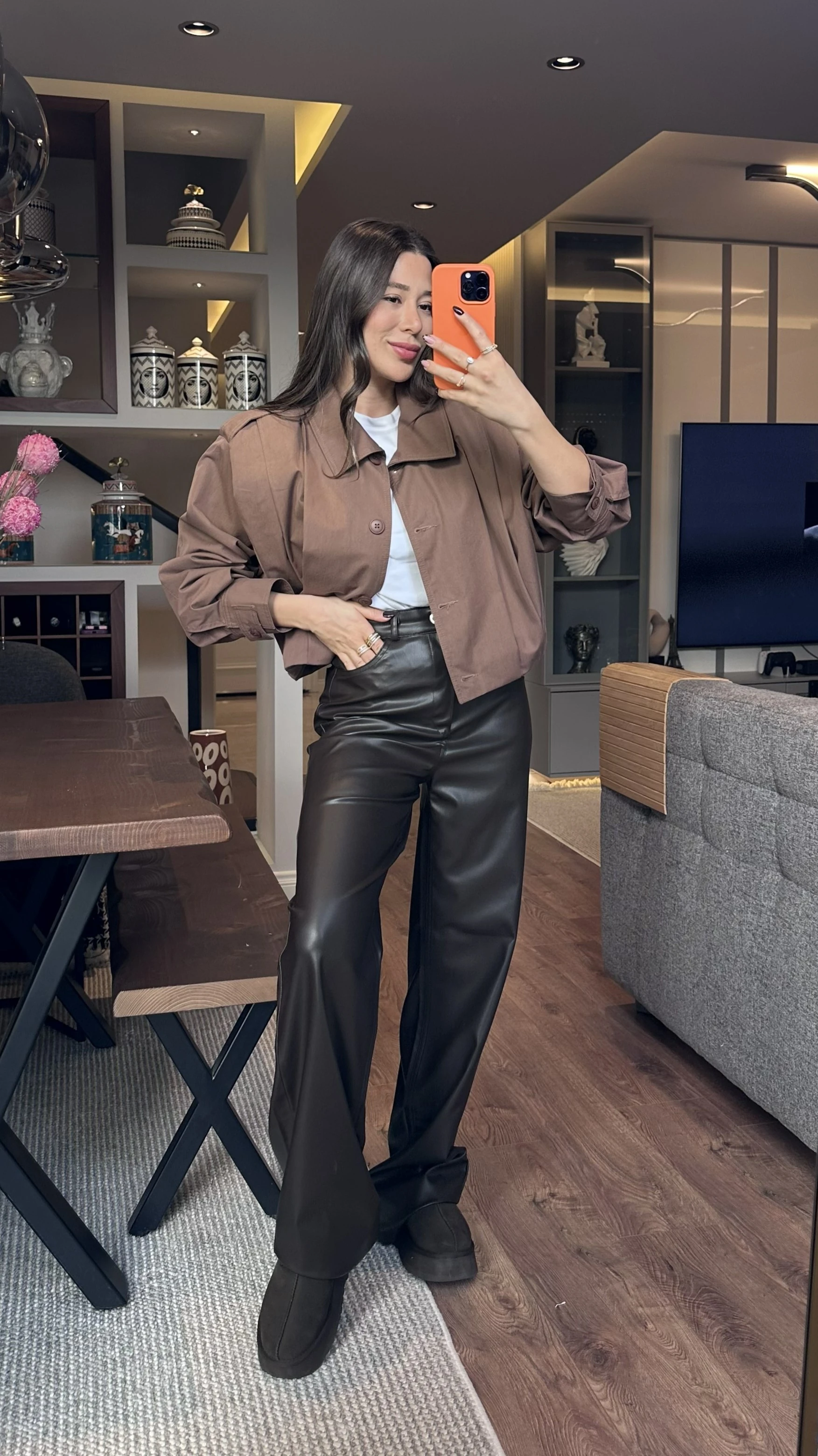 ZR Etiketli Acı Kahve Deri Palazzo Pantolon 